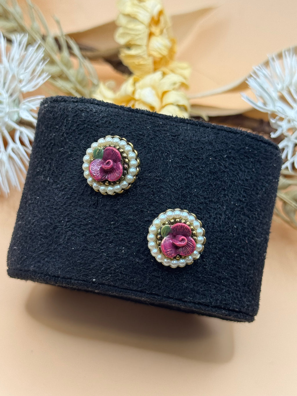 Vintage 1928 Pink Enamel Flower Faux Pearl Gold Tone Stud Earrings