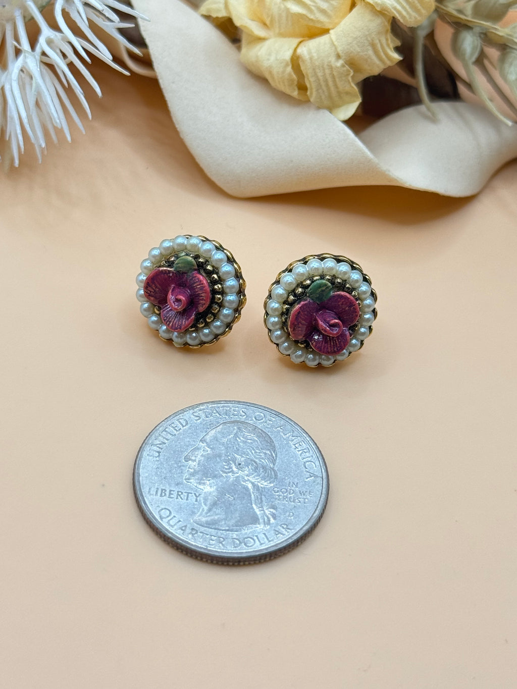 Vintage 1928 Pink Enamel Flower Faux Pearl Gold Tone Stud Earrings