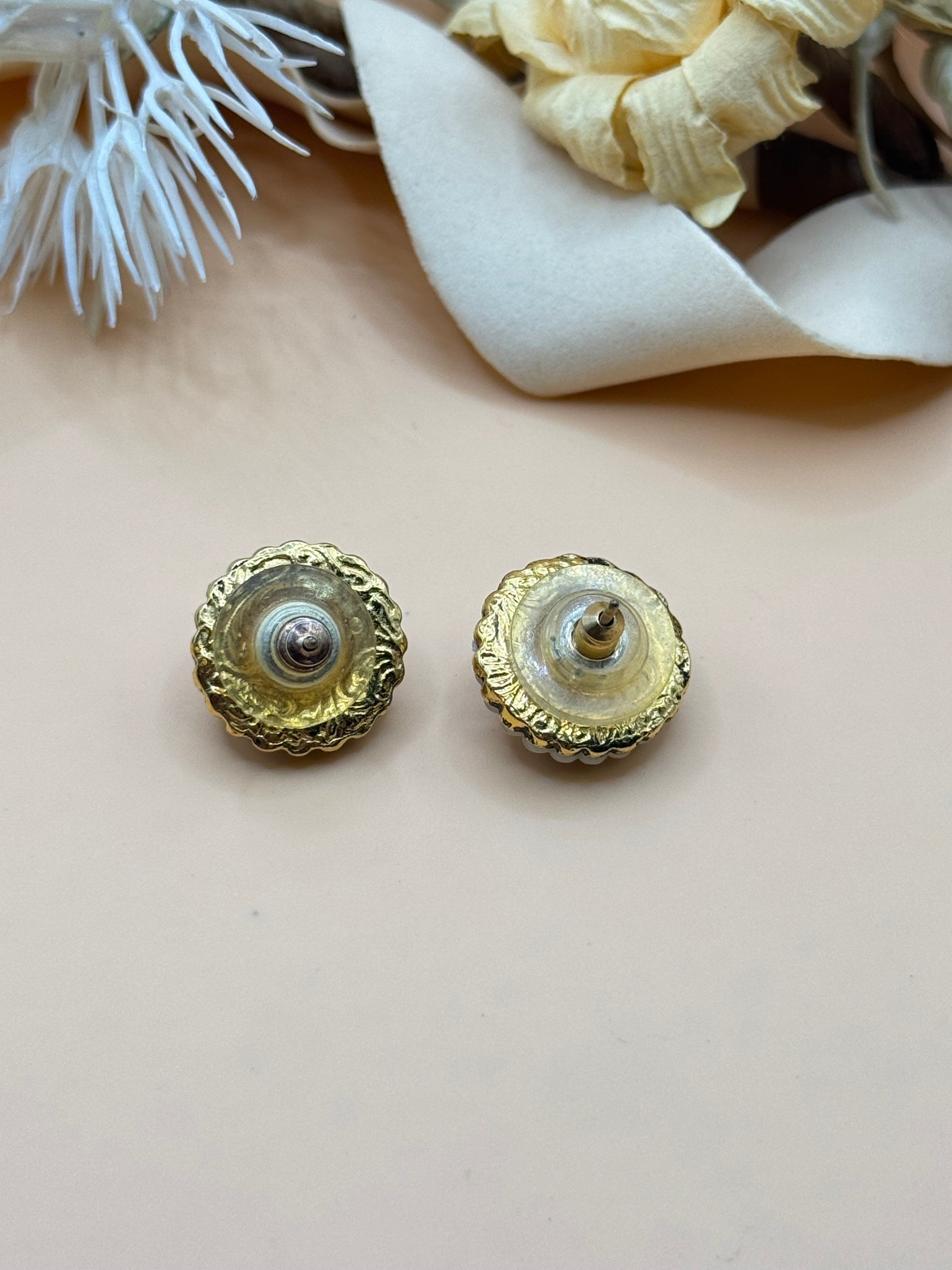Vintage 1928 Pink Enamel Flower Faux Pearl Gold Tone Stud Earrings