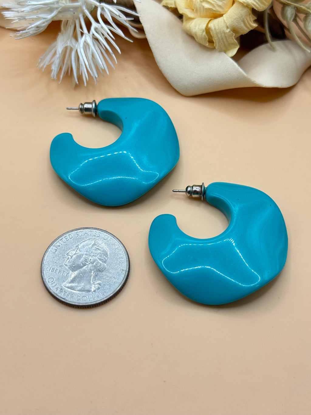 Vintage Turquoise Blue Chunky Hoop Statement Earrings Retro 1980s 1990s
