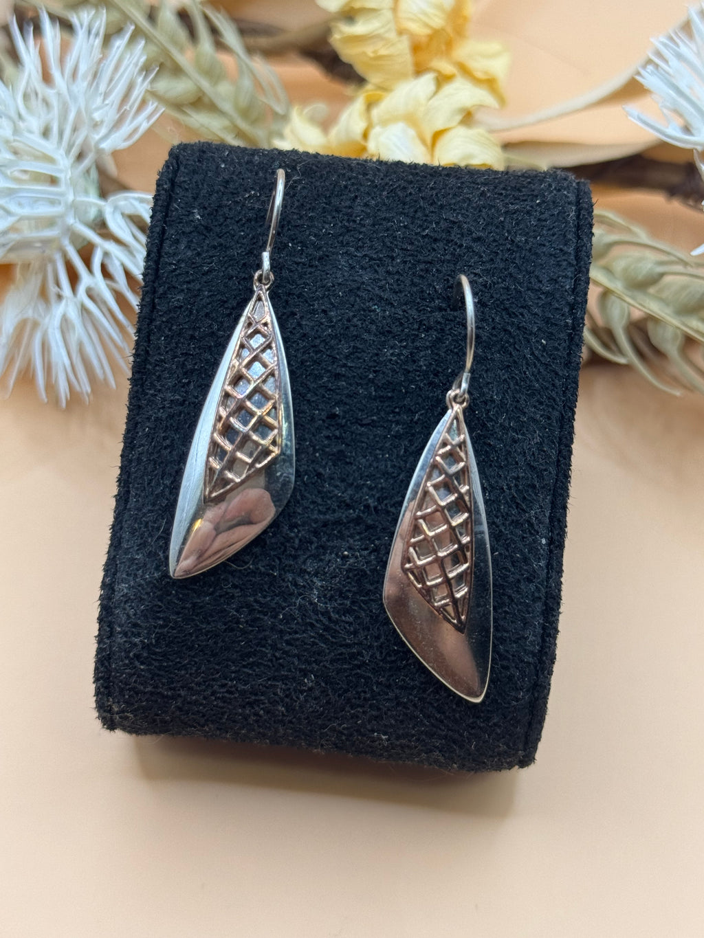 925 Sterling Silver Two Tone Openwork Dangle Drop Earrings Modern Geometric
