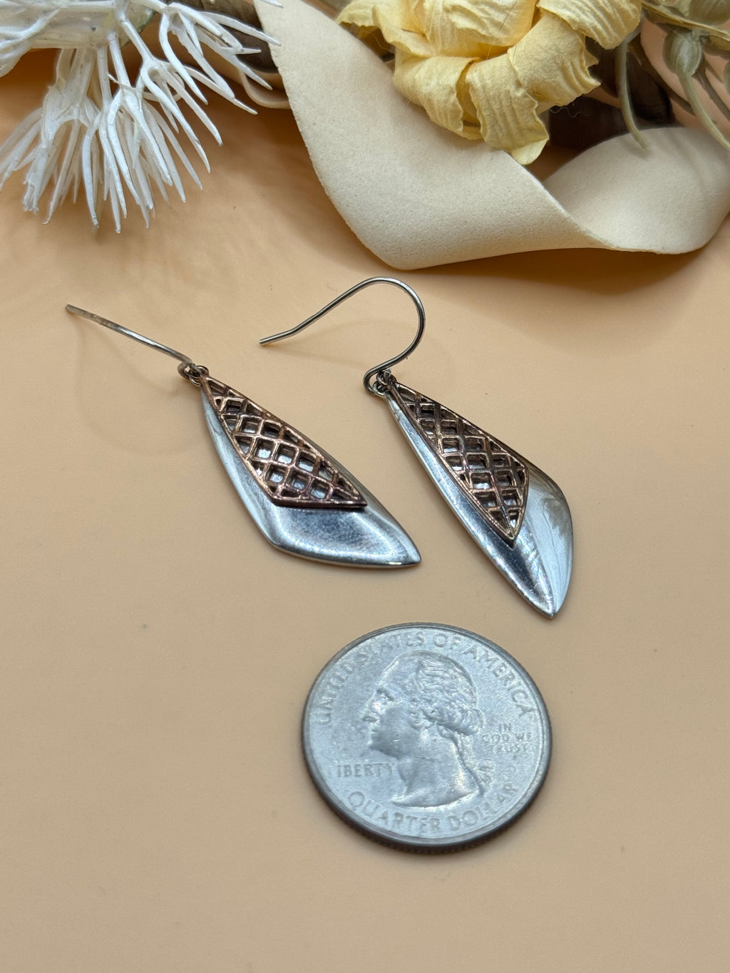925 Sterling Silver Two Tone Openwork Dangle Drop Earrings Modern Geometric