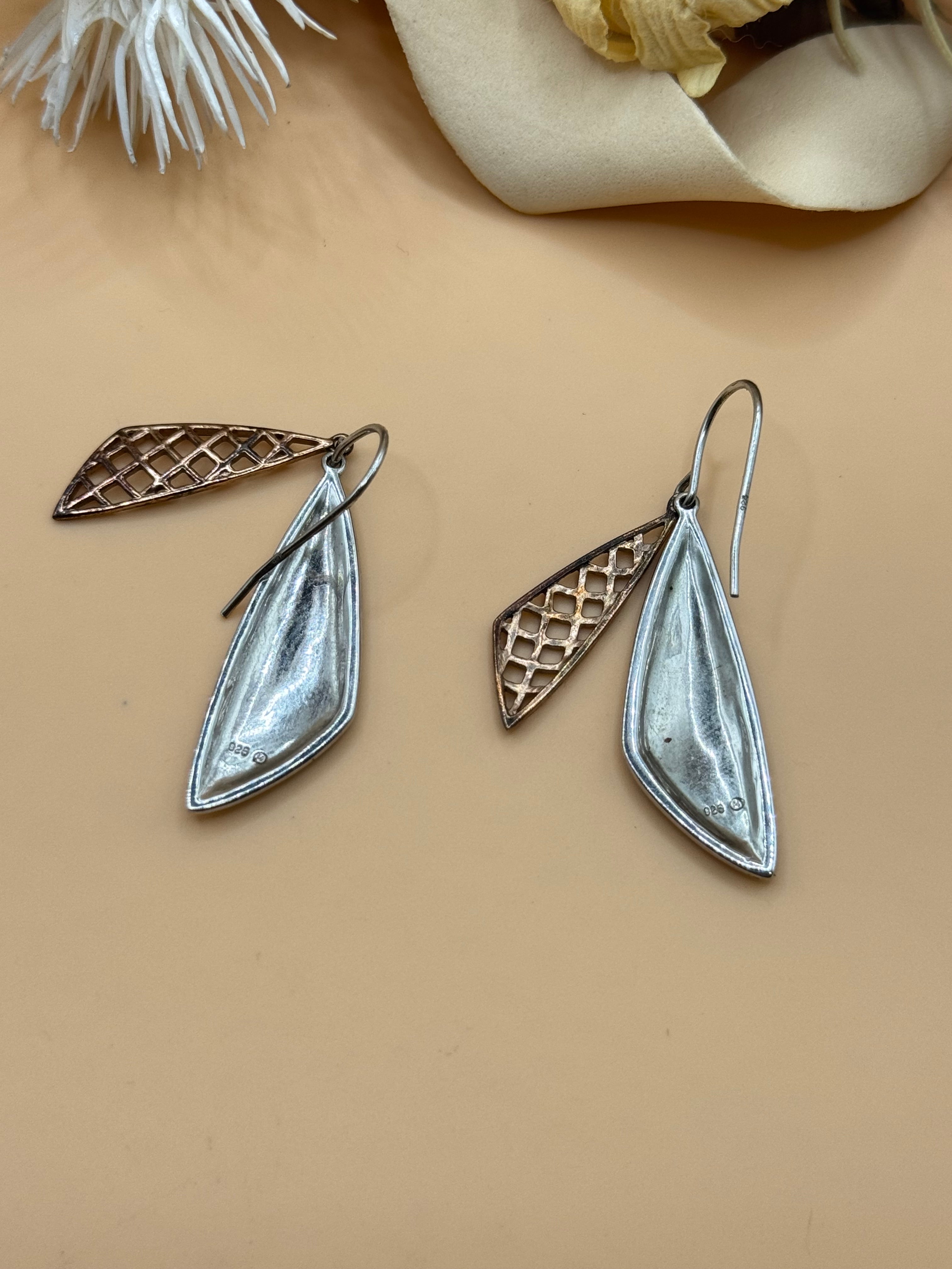 925 Sterling Silver Two Tone Openwork Dangle Drop Earrings Modern Geometric