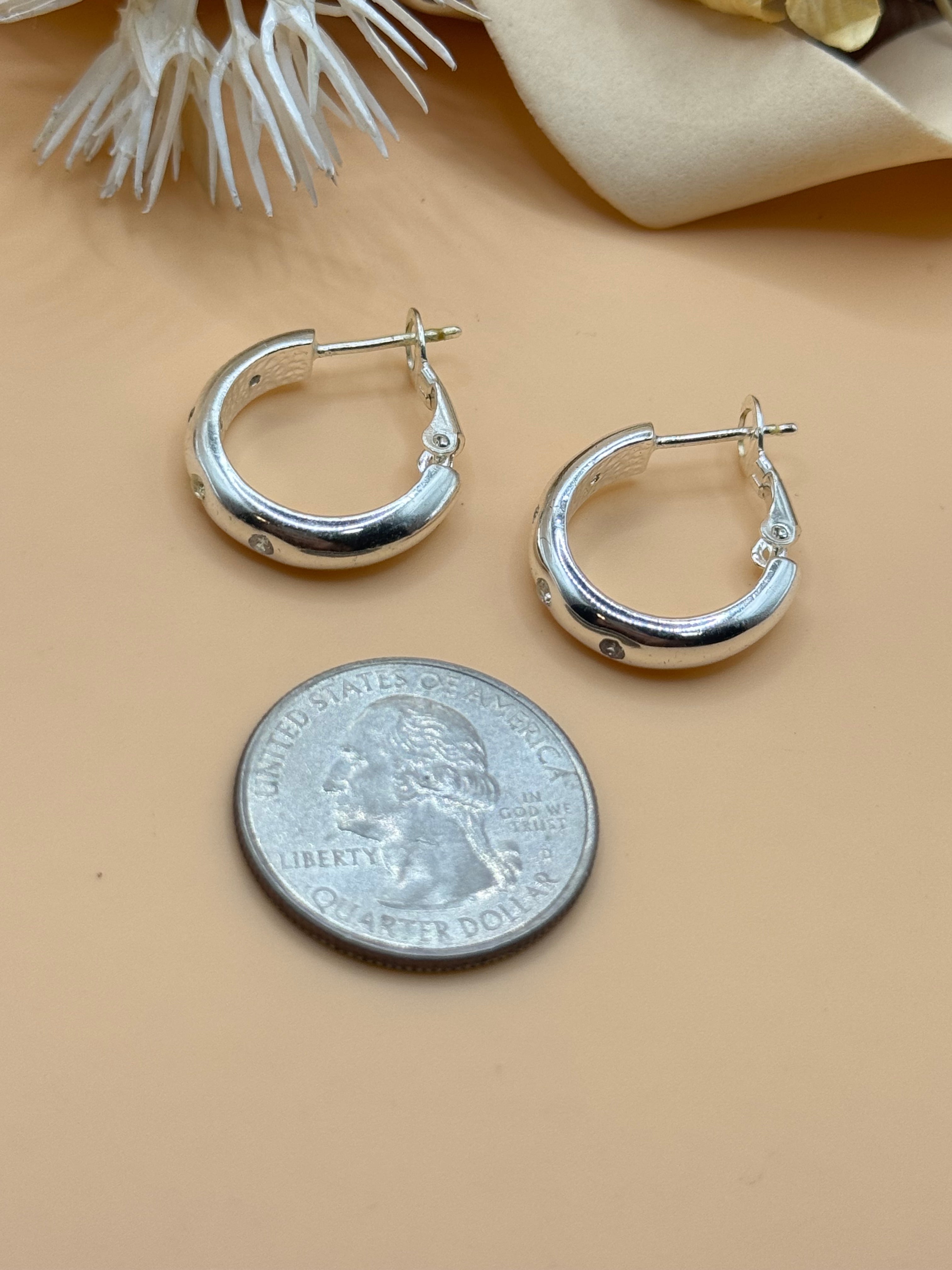 925 Sterling Silver CZ Huggie Hoop Earrings Small Polished Round Hoop Sparkle