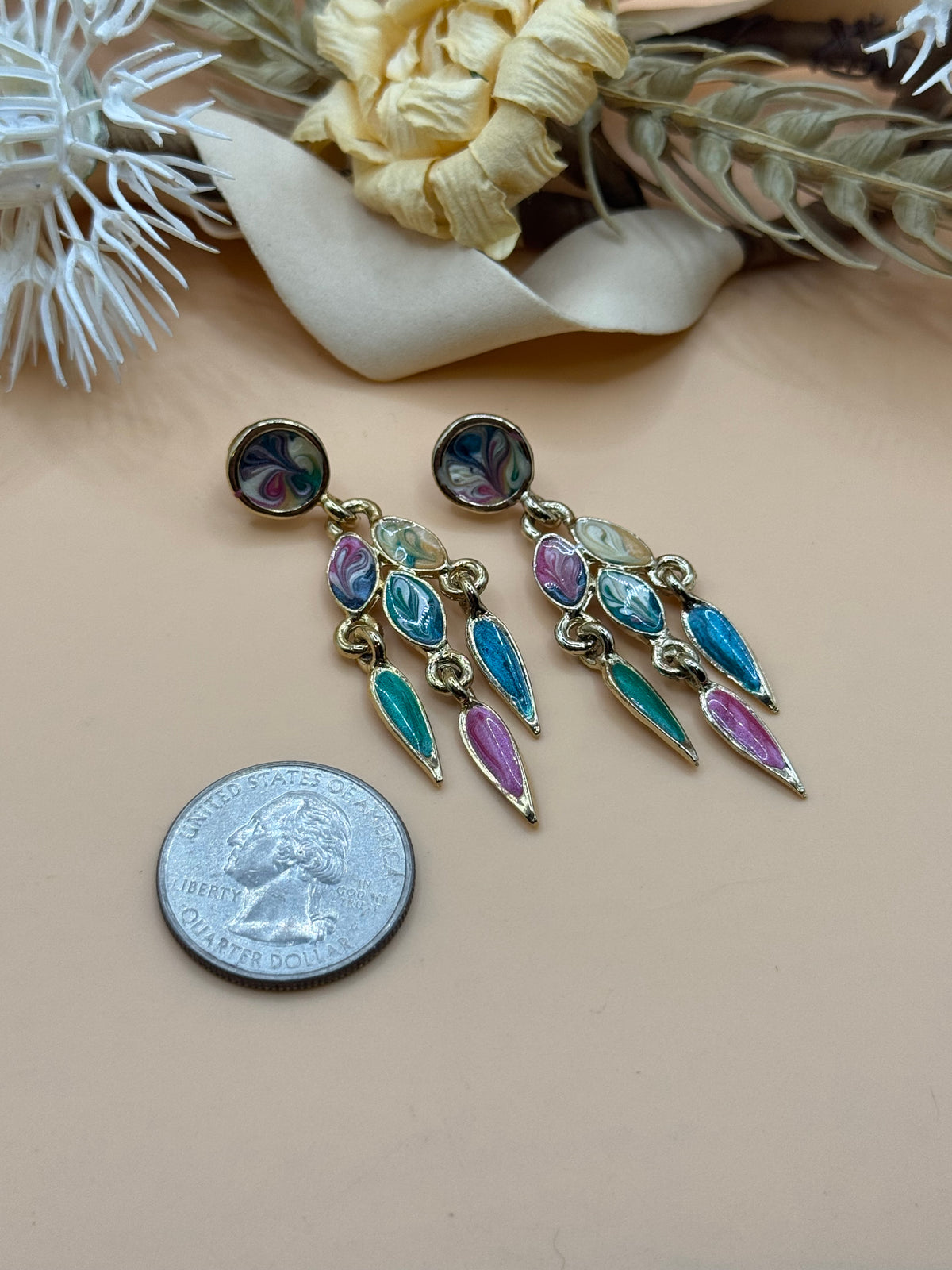Vintage Colorful Enamel Dangle Chandelier Earrings Gold Tone Abstract Multicolor