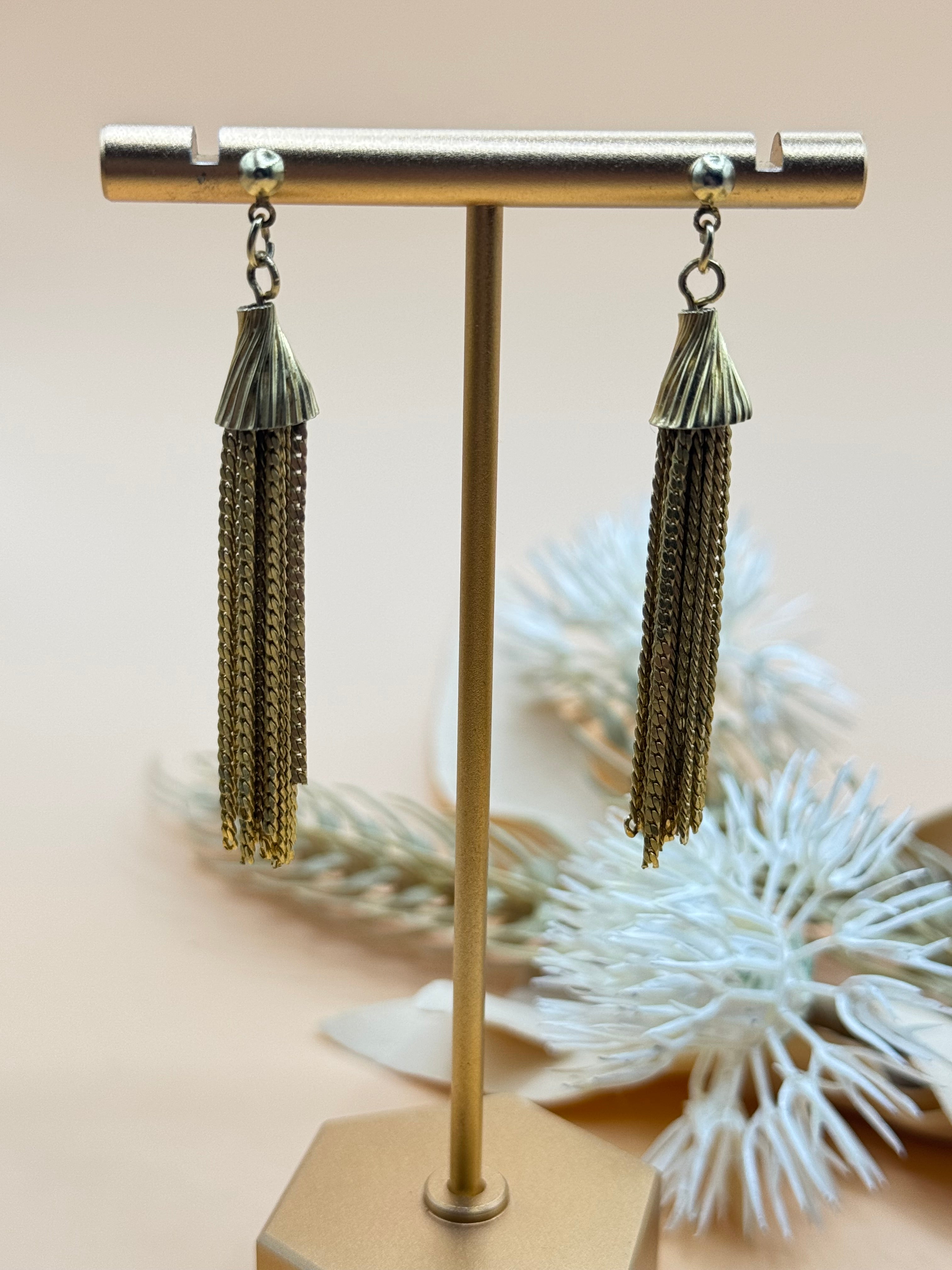 Vintage Gold Tone Chain Tassel Dangle Statement Earrings Fringe Post Back