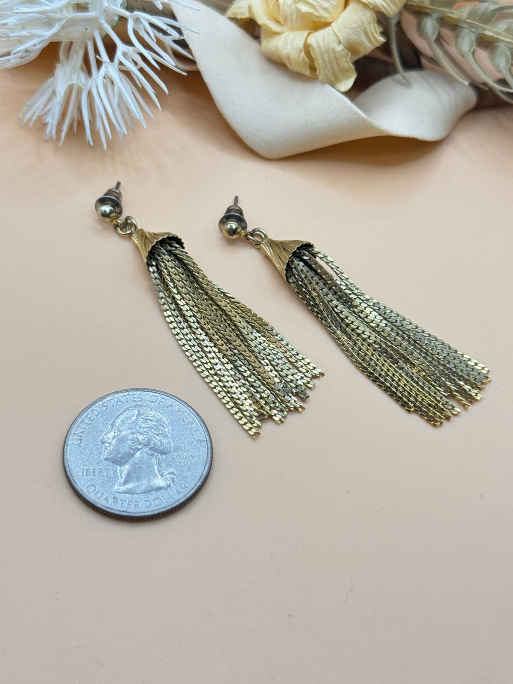 Vintage Gold Tone Chain Tassel Dangle Statement Earrings Fringe Post Back