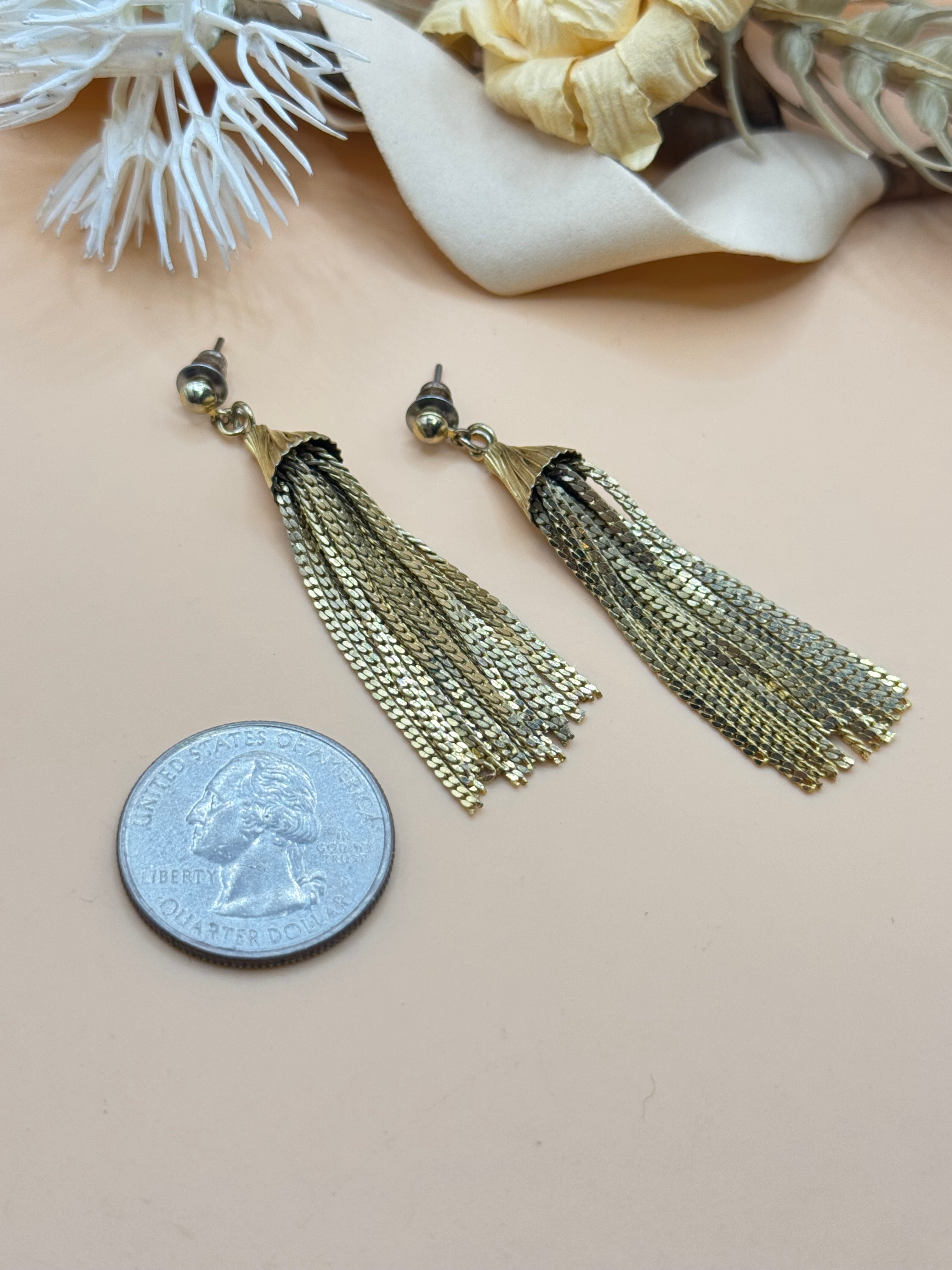 Vintage Gold Tone Chain Tassel Dangle Statement Earrings Fringe Post Back