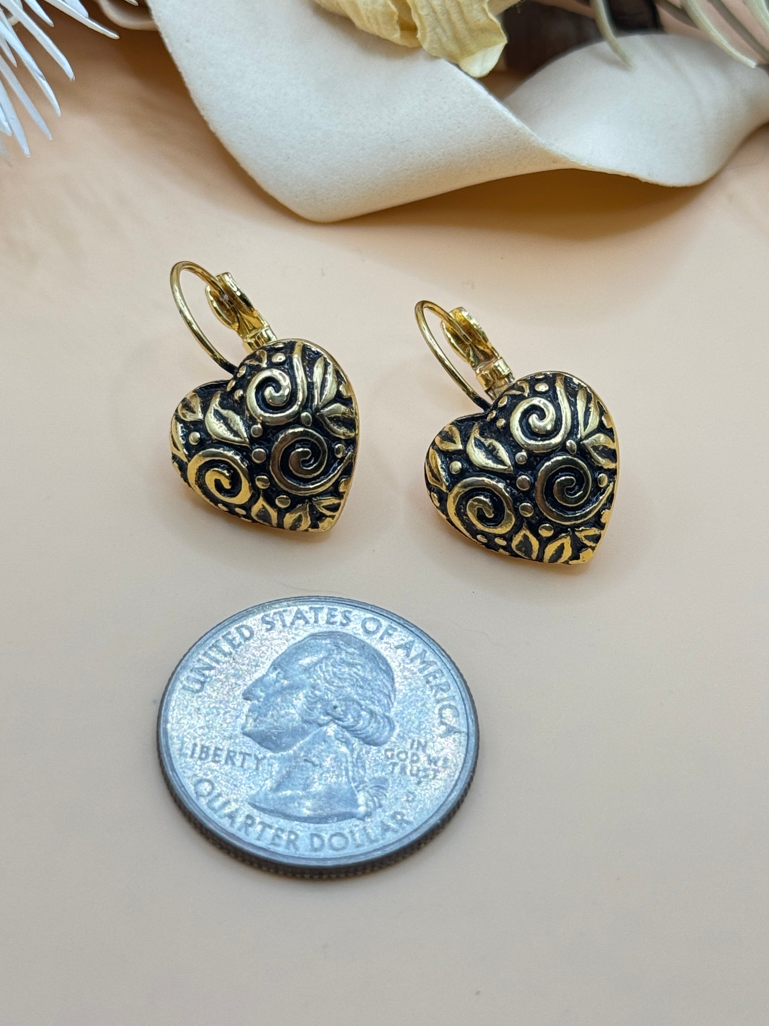 1928 Heart Dangle Earrings Gold Tone Black Scroll Leverback Vintage Style