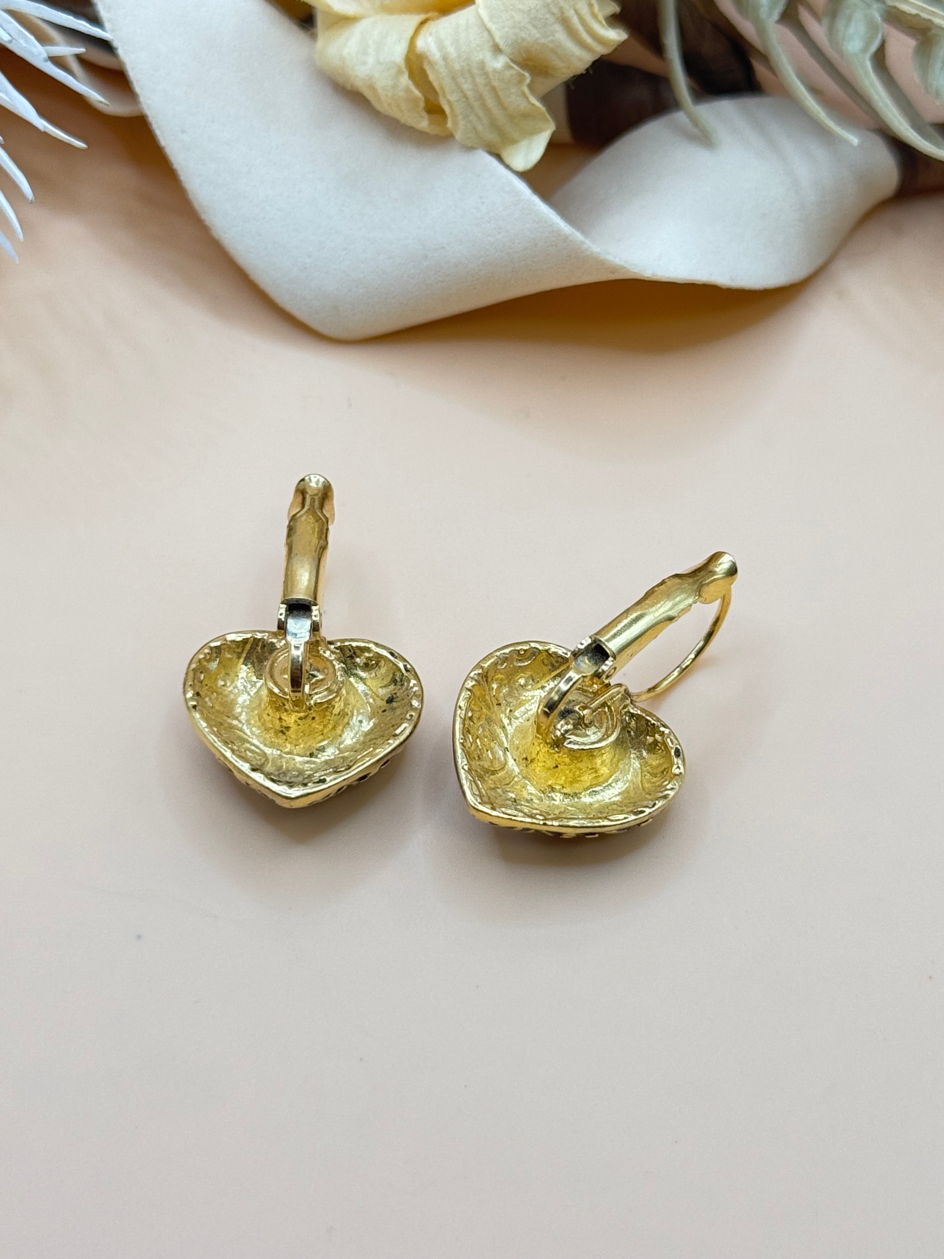 1928 Heart Dangle Earrings Gold Tone Black Scroll Leverback Vintage Style