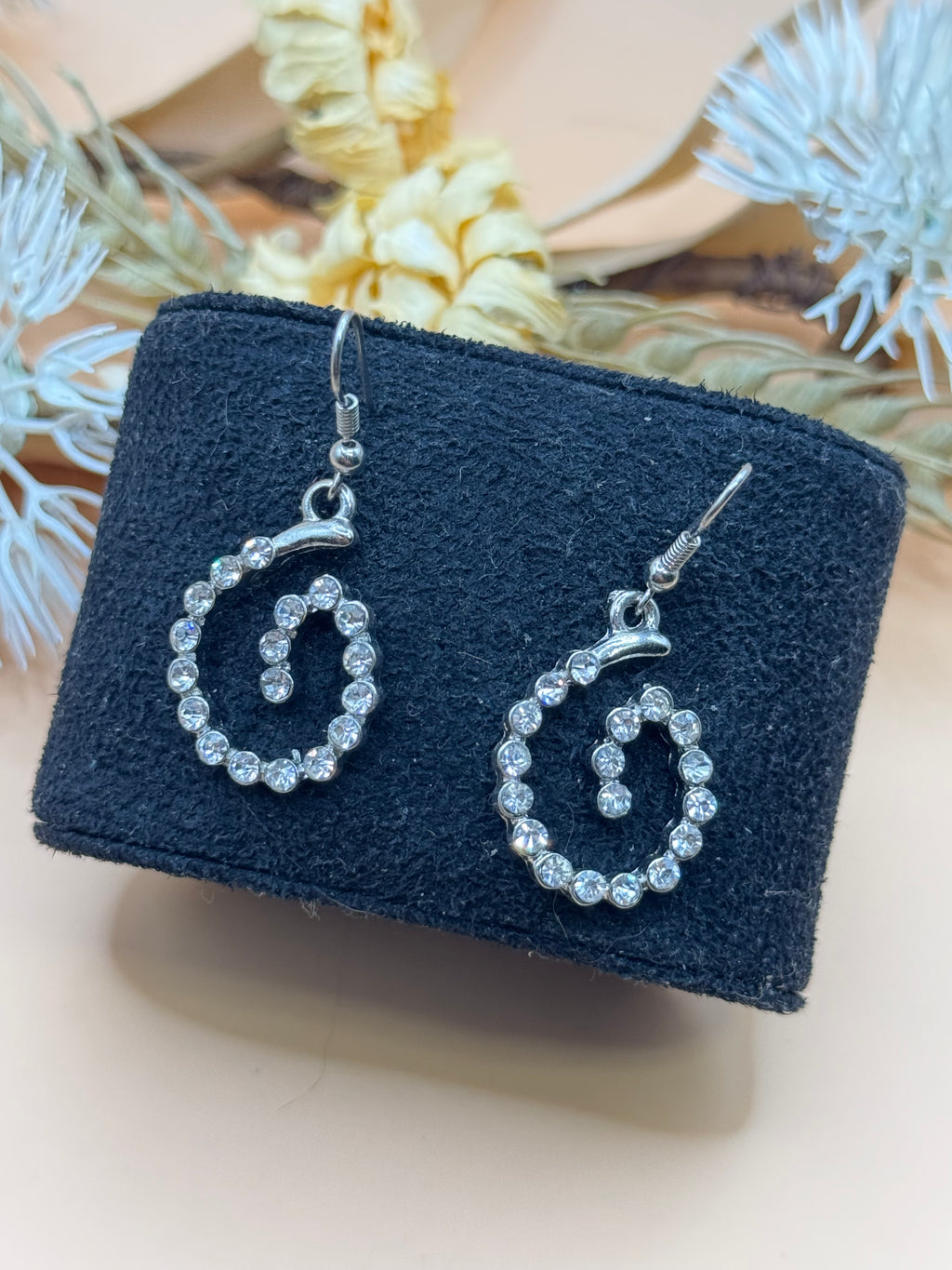 Silver Tone Clear Rhinestone Spiral Swirl Dangle Earrings Fish Hook