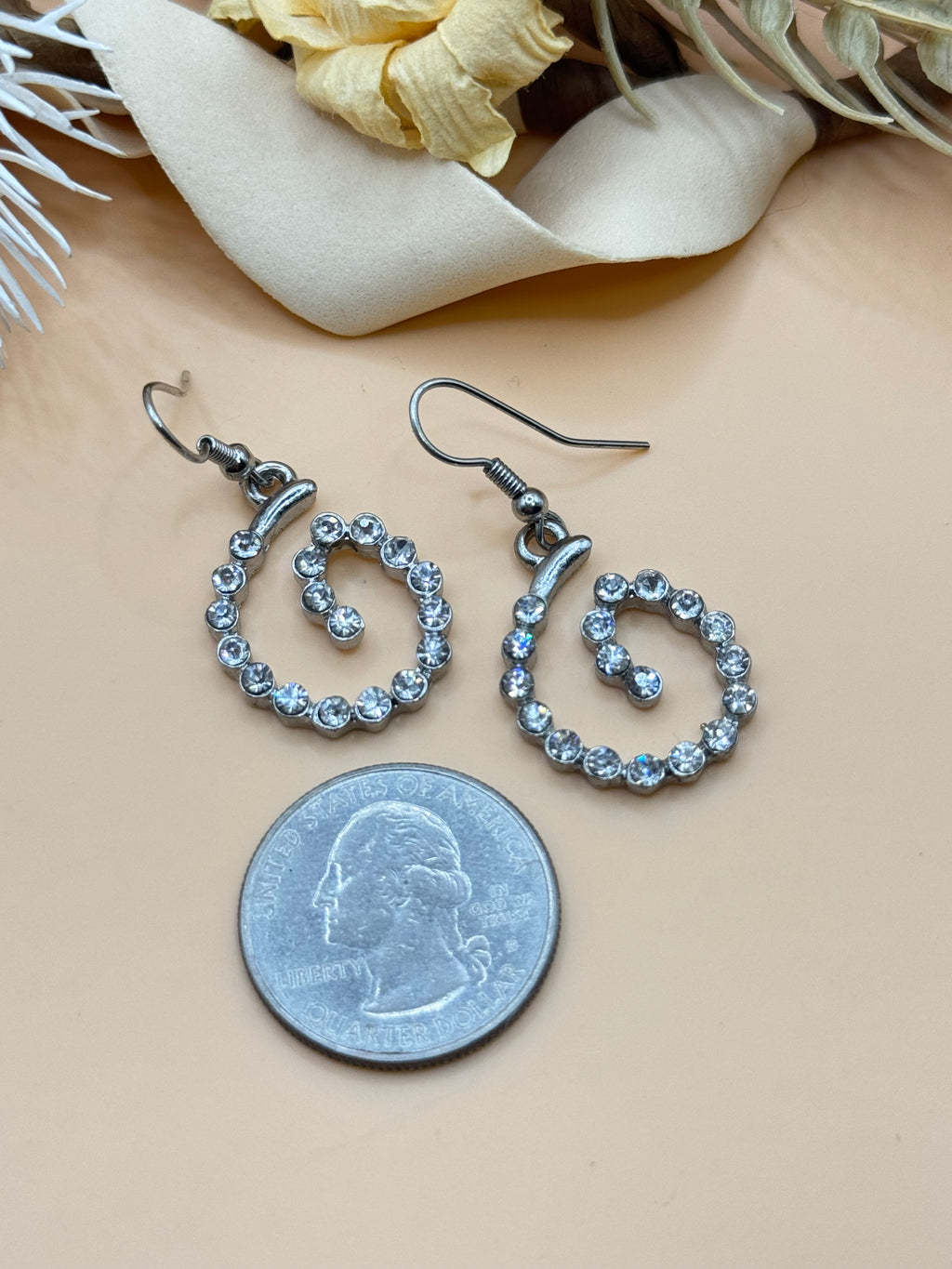 Silver Tone Clear Rhinestone Spiral Swirl Dangle Earrings Fish Hook
