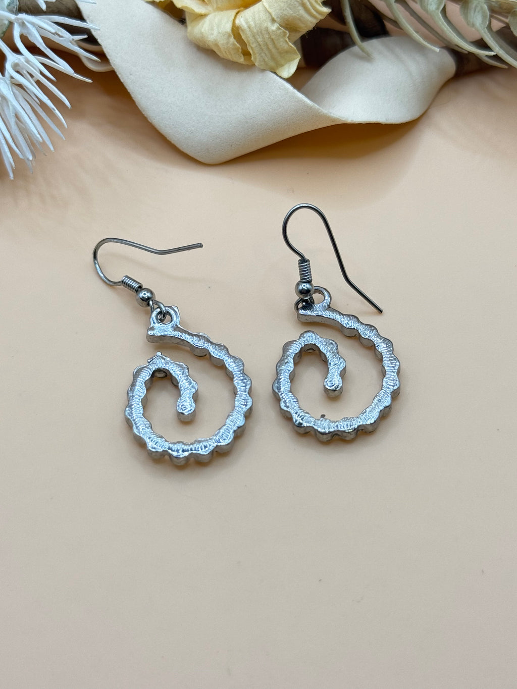 Silver Tone Clear Rhinestone Spiral Swirl Dangle Earrings Fish Hook