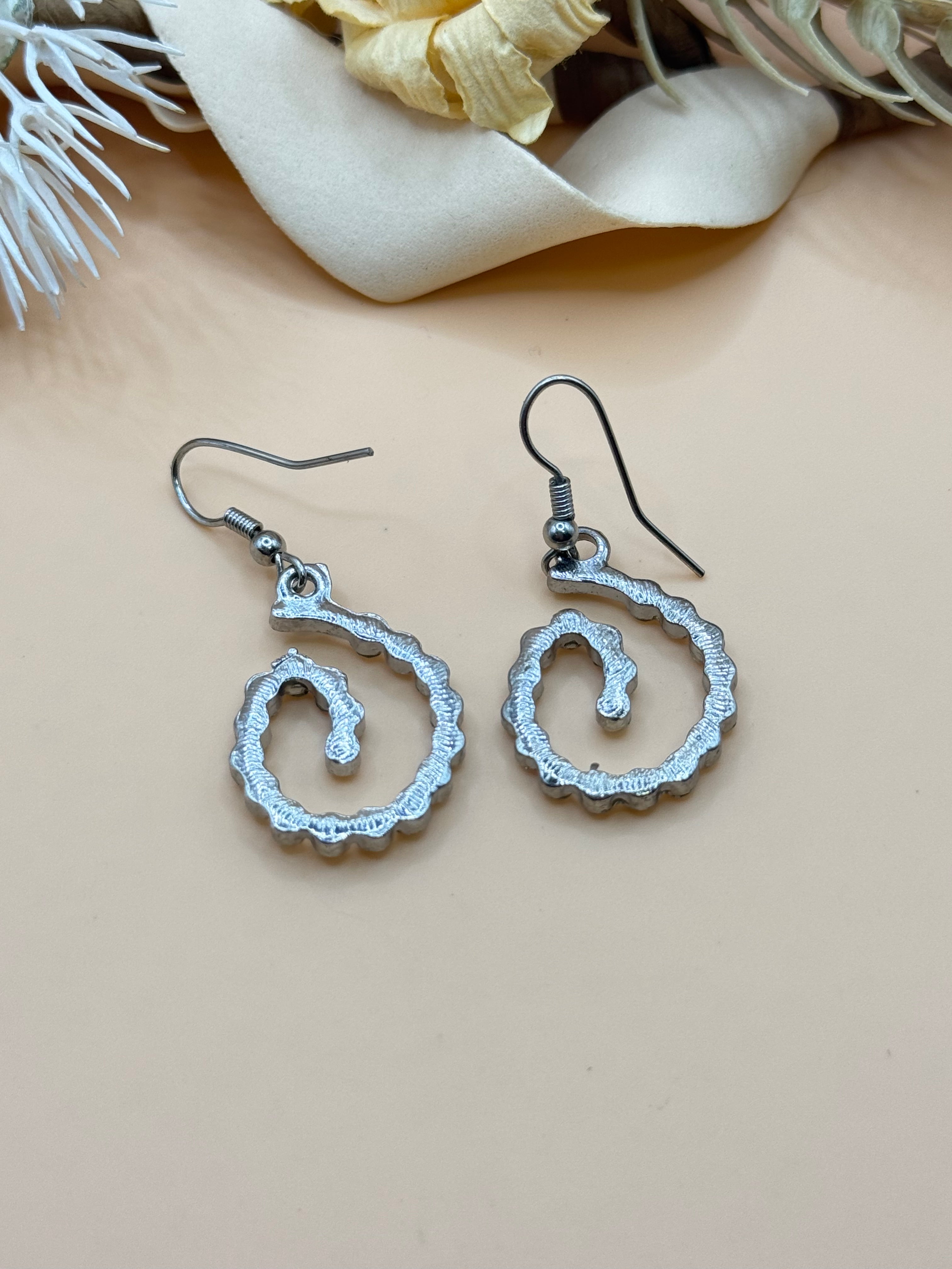 Silver Tone Clear Rhinestone Spiral Swirl Dangle Earrings Fish Hook