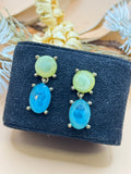 Blue & Lime Green Faux Cat’s Eye Cabochon Gold Tone Dangle Earrings