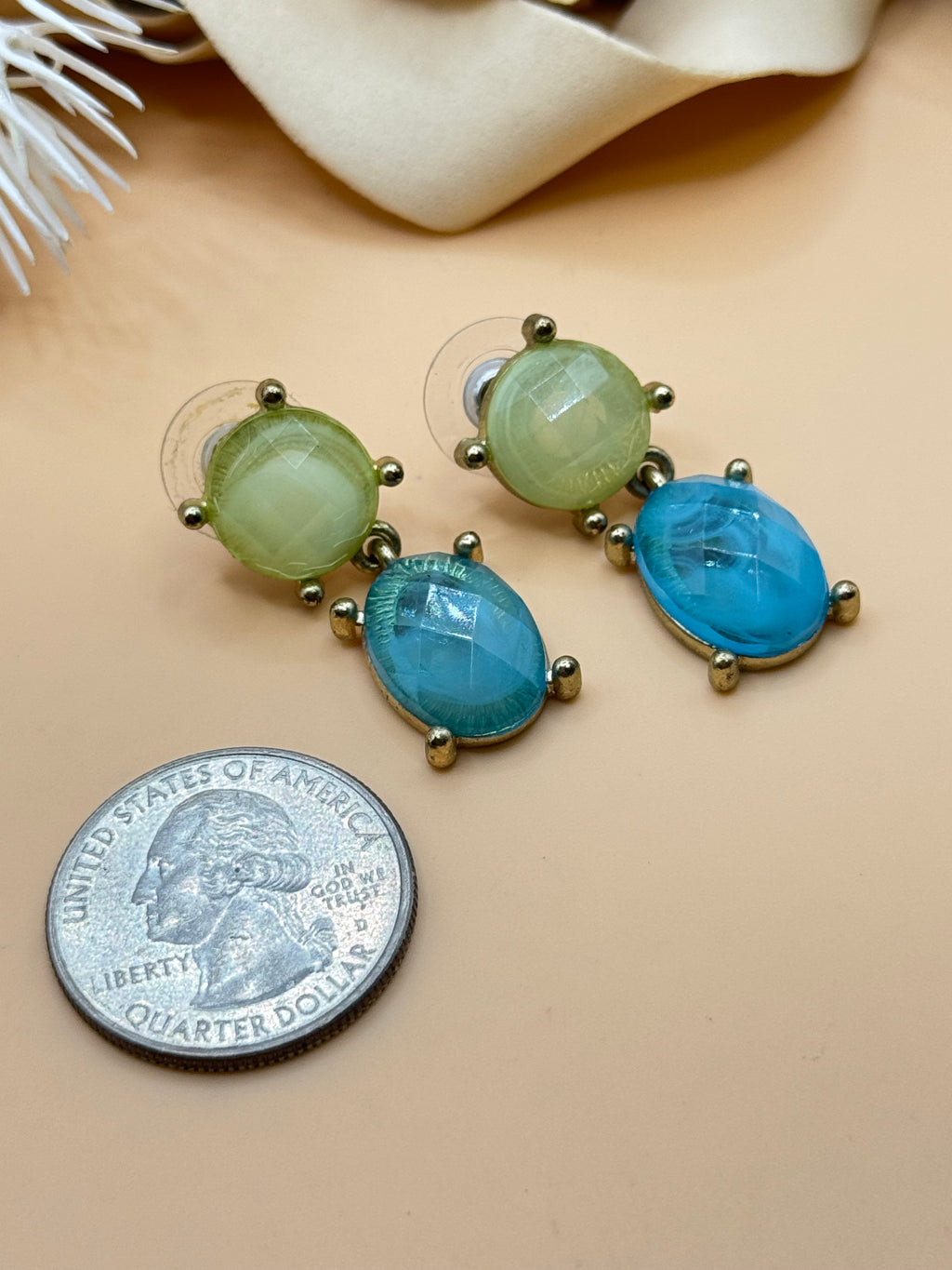 Blue & Lime Green Faux Cat’s Eye Cabochon Gold Tone Dangle Earrings