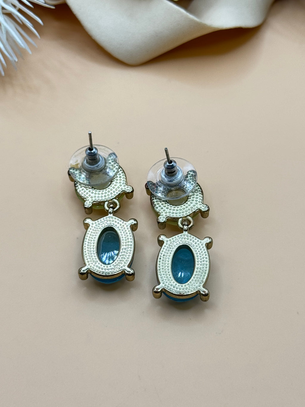 Blue & Lime Green Faux Cat’s Eye Cabochon Gold Tone Dangle Earrings