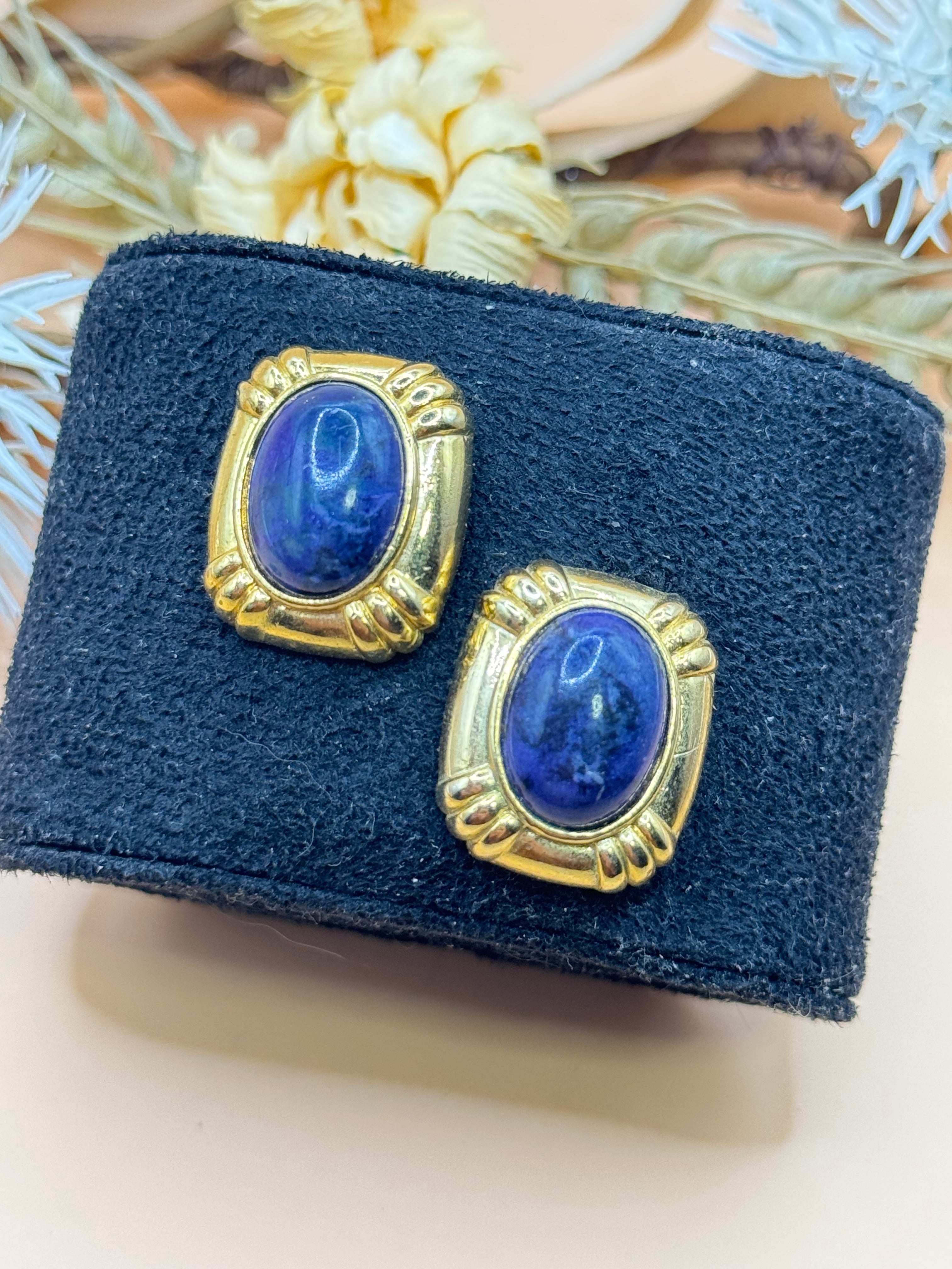 Vintage Gold Tone Blue Faux Lapis Cabochon Statement Stud Earrings