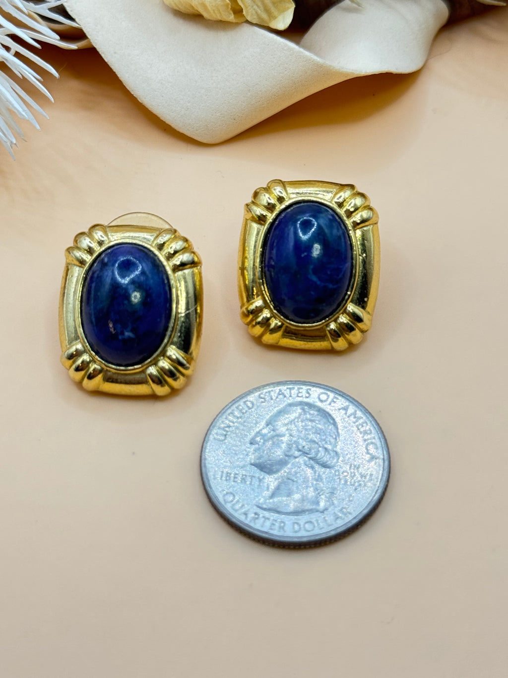 Vintage Gold Tone Blue Faux Lapis Cabochon Statement Stud Earrings