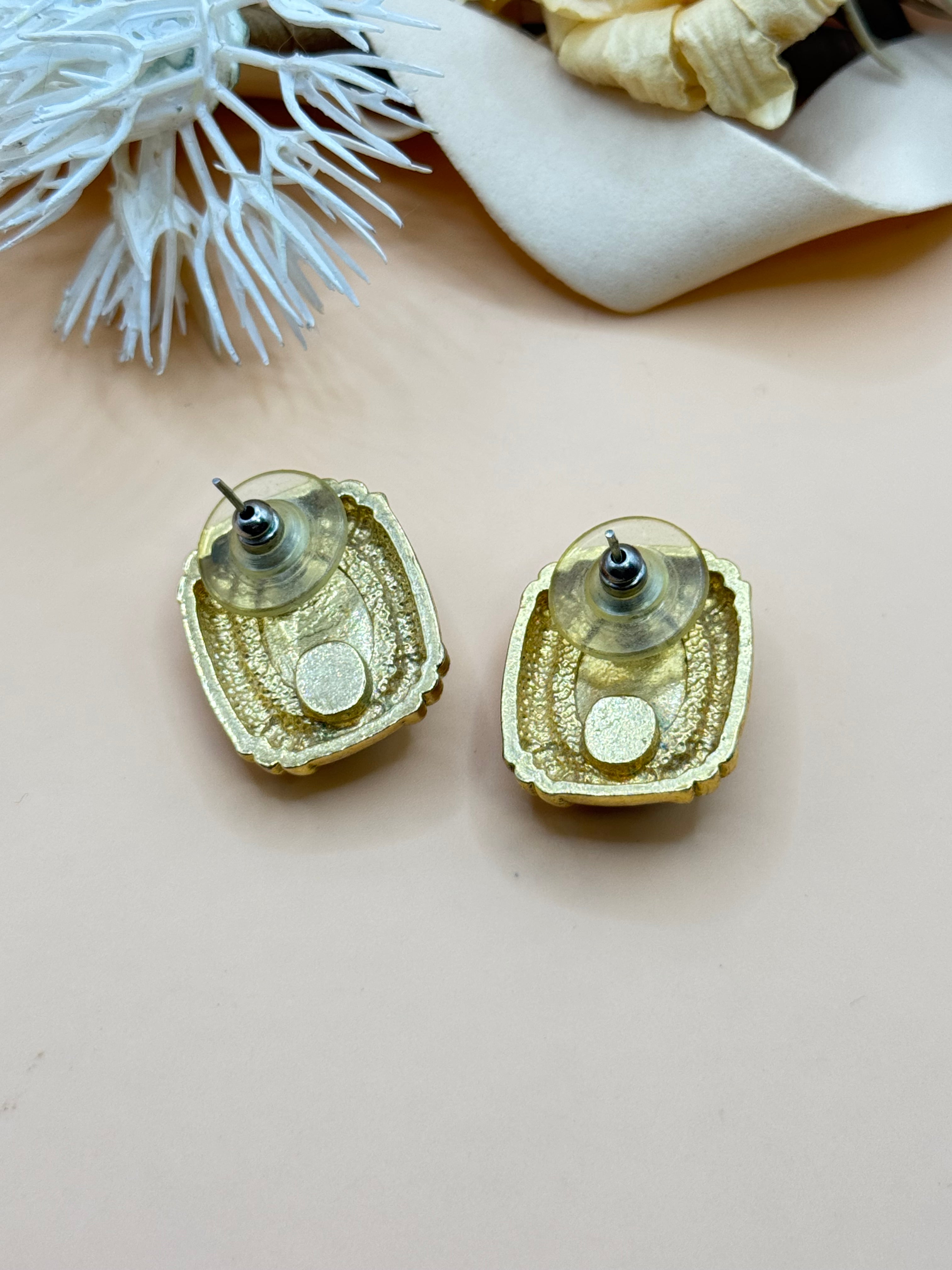 Vintage Gold Tone Blue Faux Lapis Cabochon Statement Stud Earrings