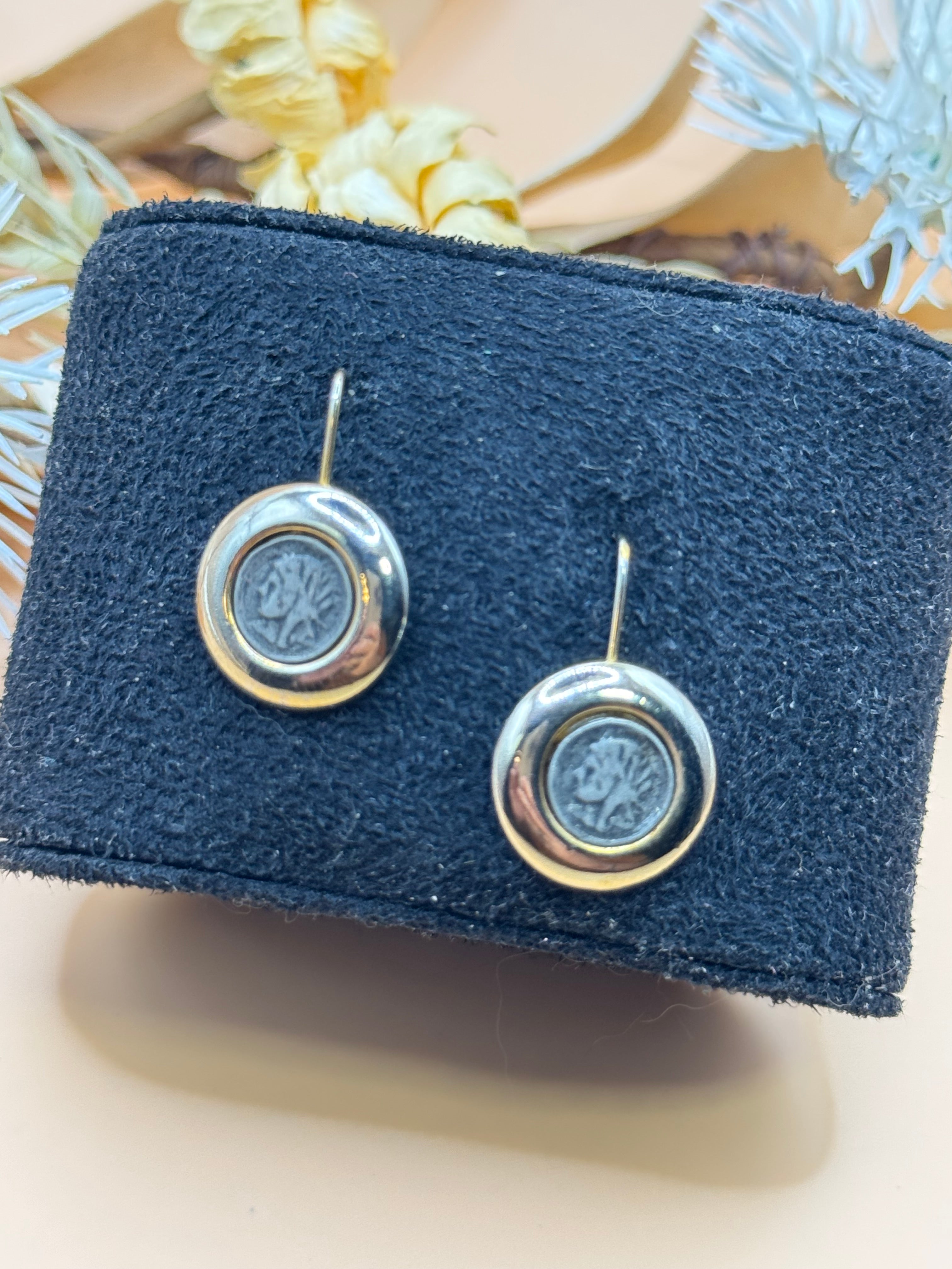 Vintage Gold Tone Earrings with Silver Tone Indian Head Coin Dangles