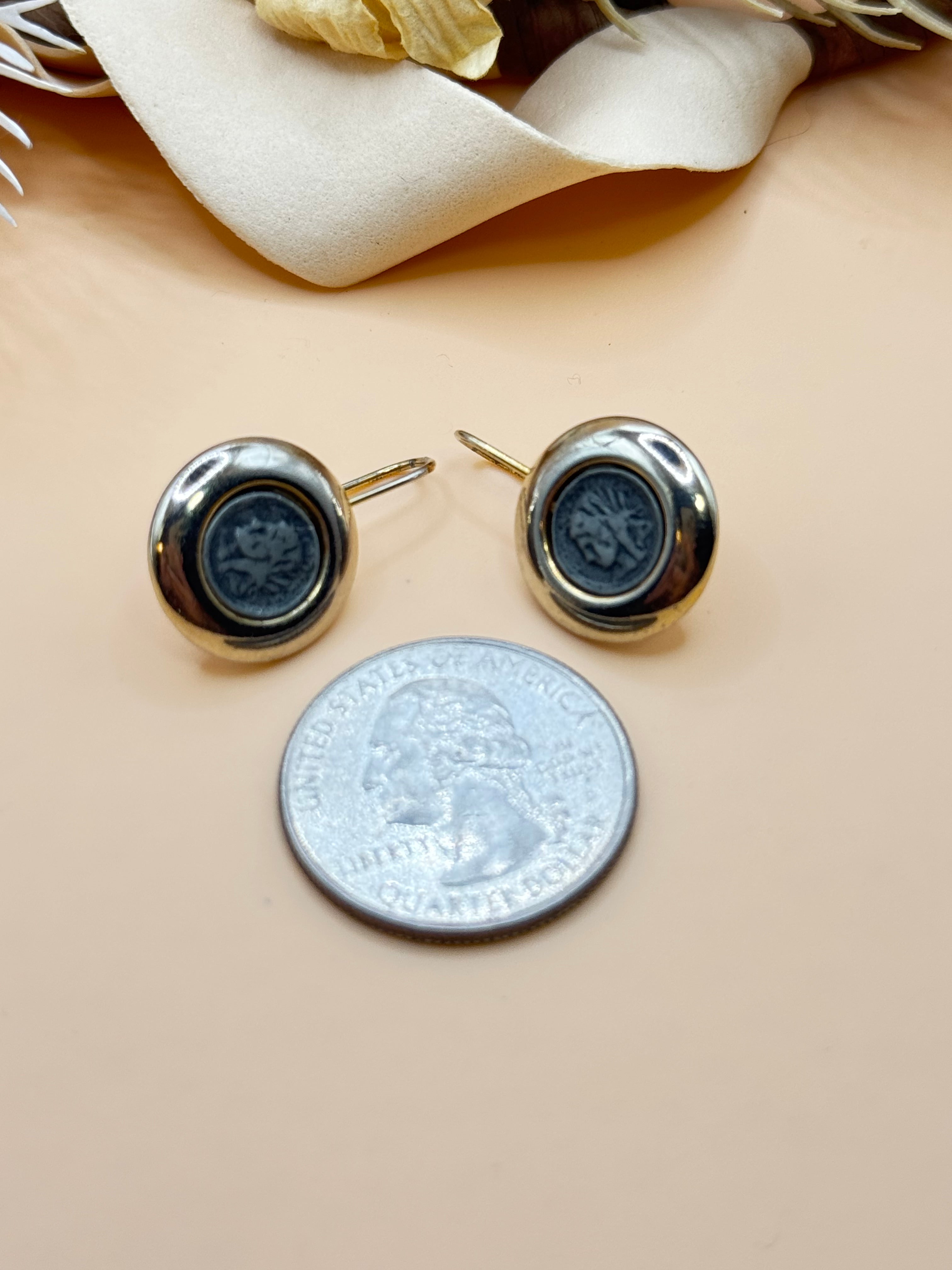 Vintage Gold Tone Earrings with Silver Tone Indian Head Coin Dangles