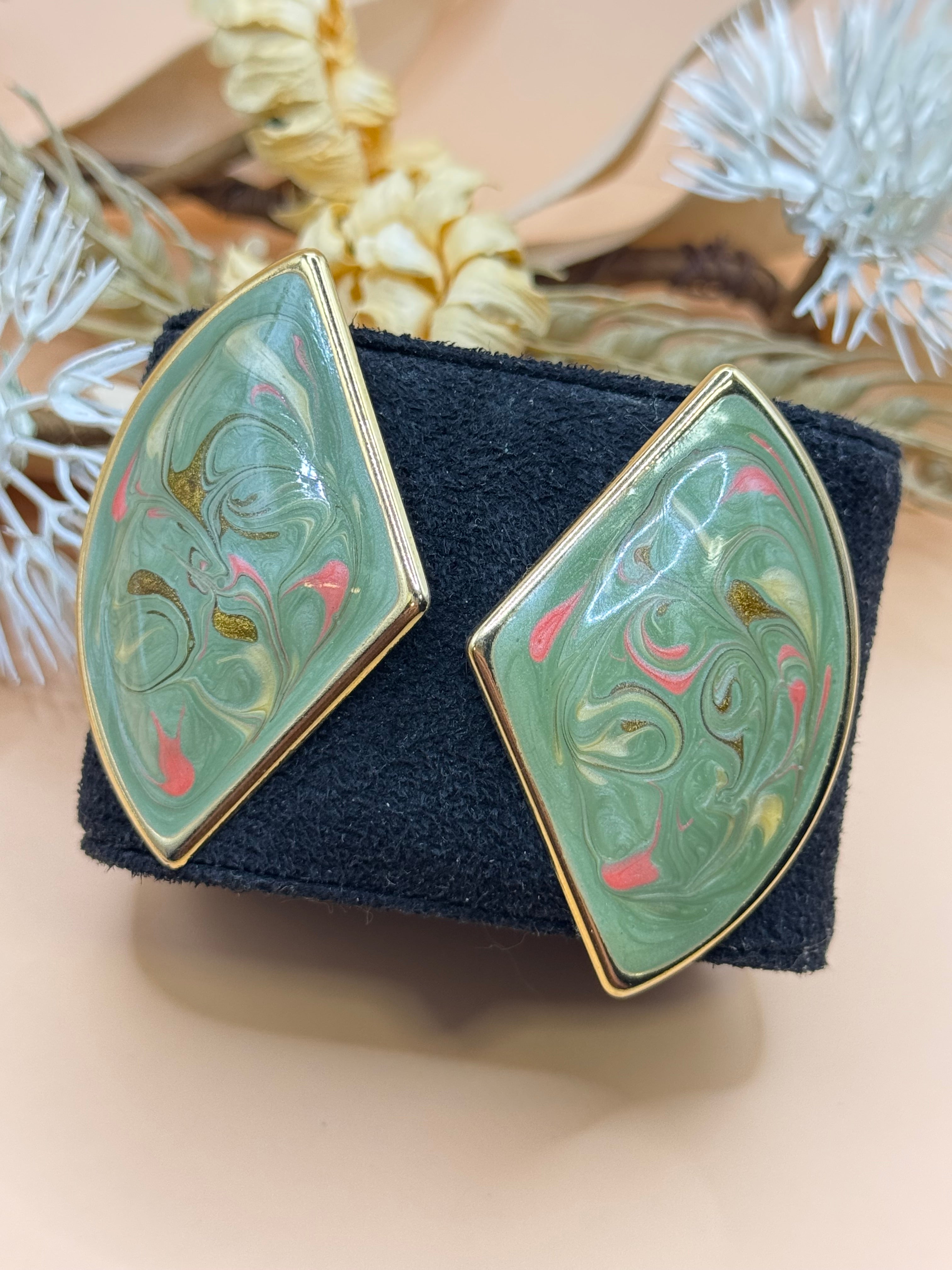 Vintage Gold Tone Mint Green Marbled Enamel Geometric Statement Earrings