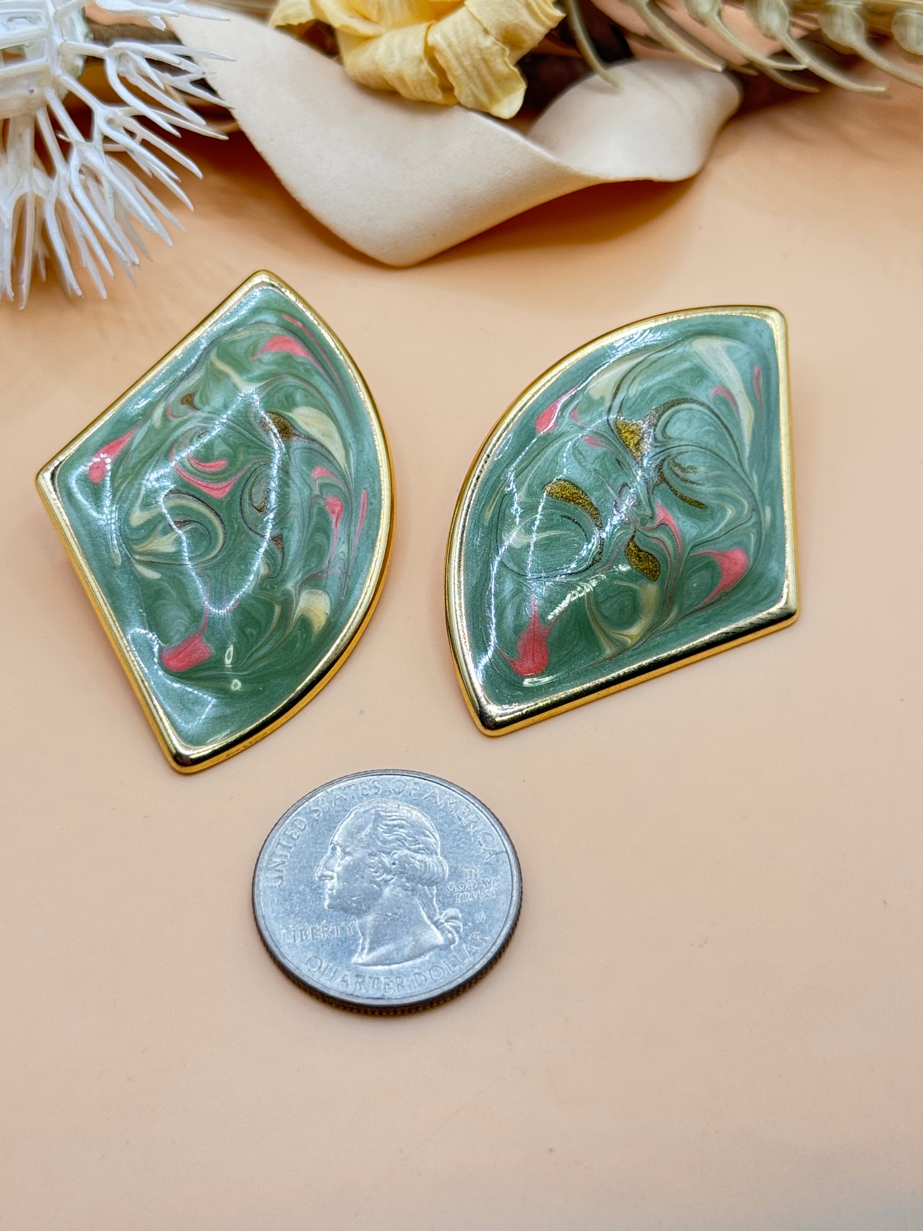 Vintage Gold Tone Mint Green Marbled Enamel Geometric Statement Earrings