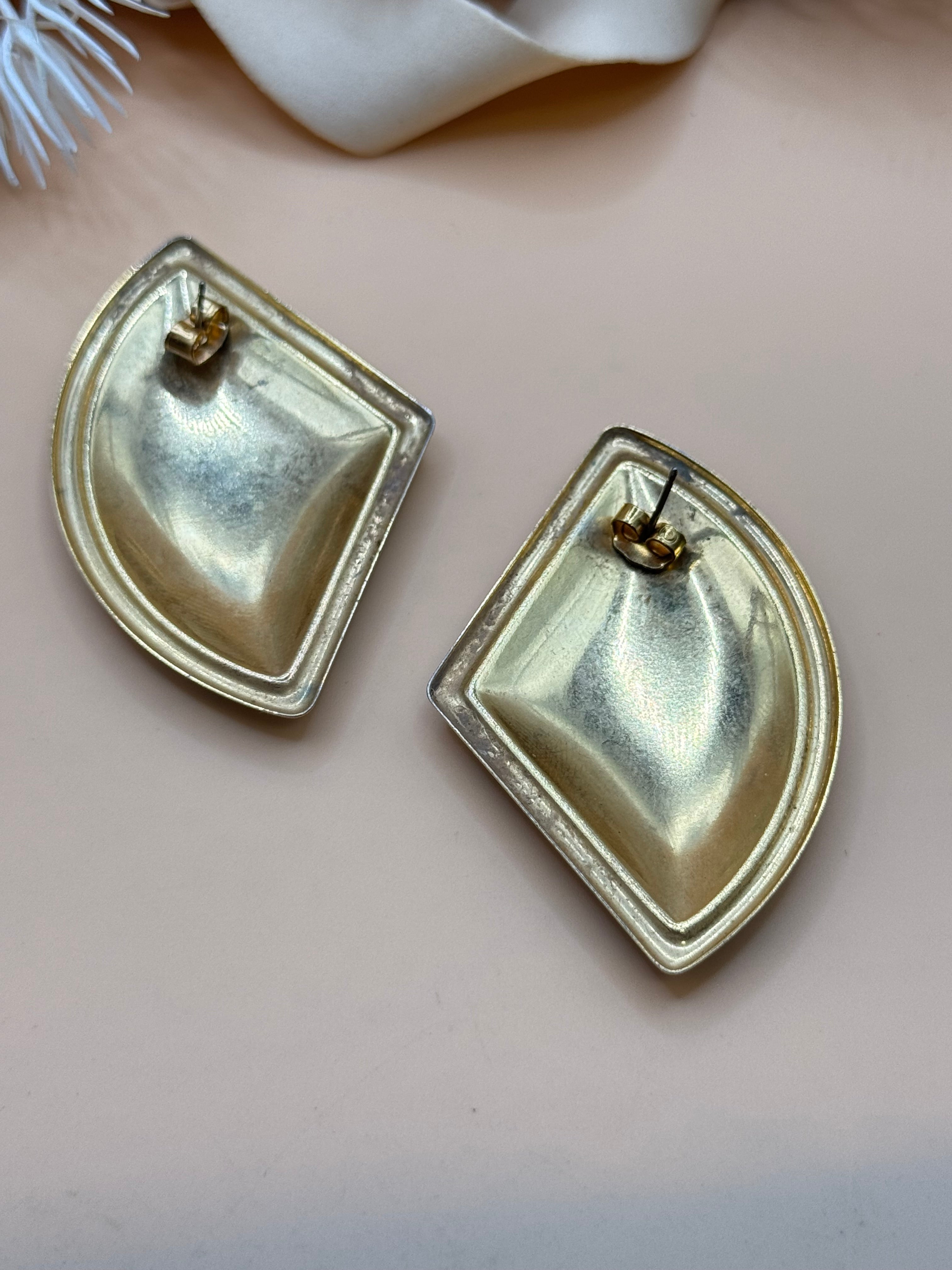 Vintage Gold Tone Mint Green Marbled Enamel Geometric Statement Earrings