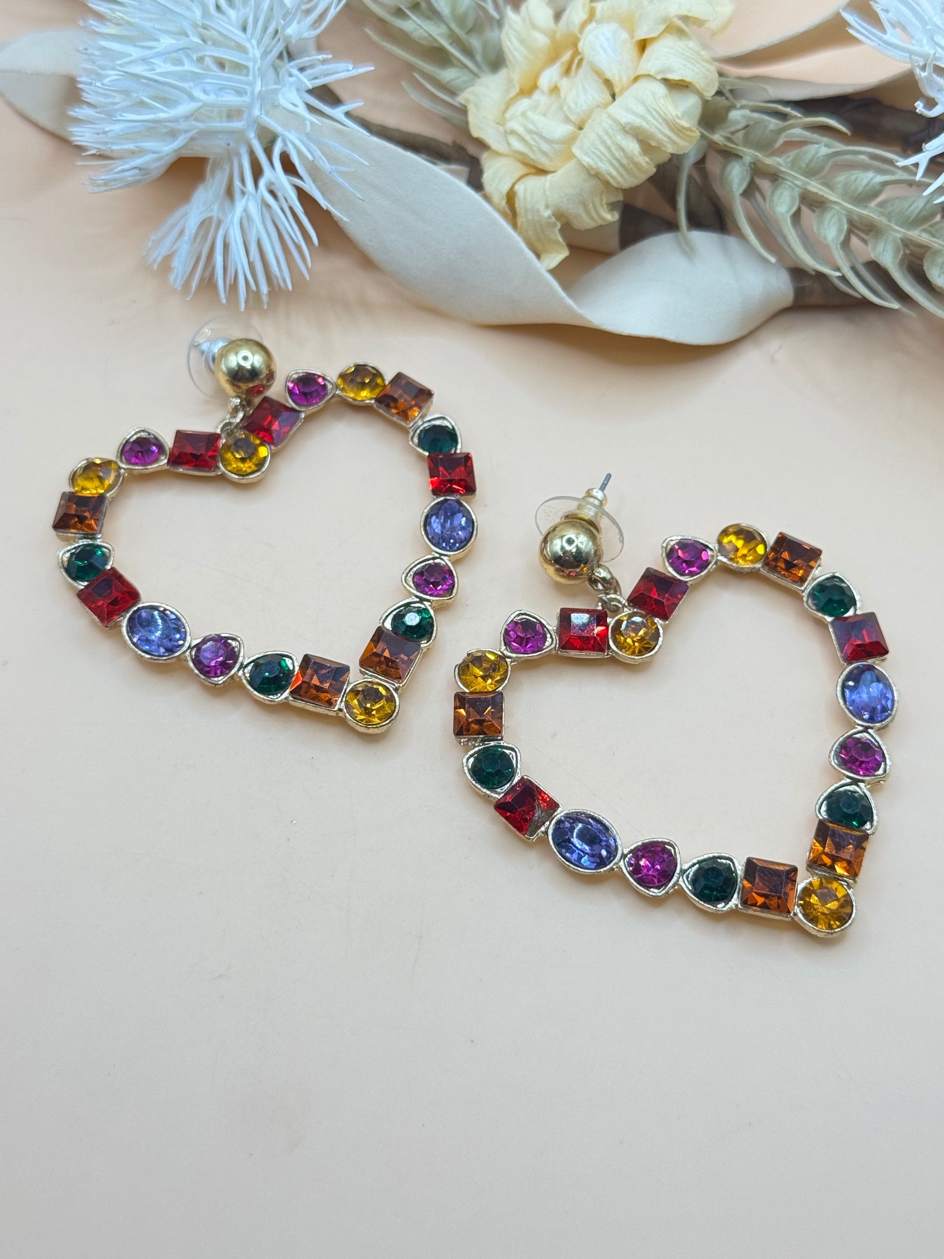 Gold Tone Multicolor Rhinestone Open Heart Statement Earrings Colorful Crystal Dangle