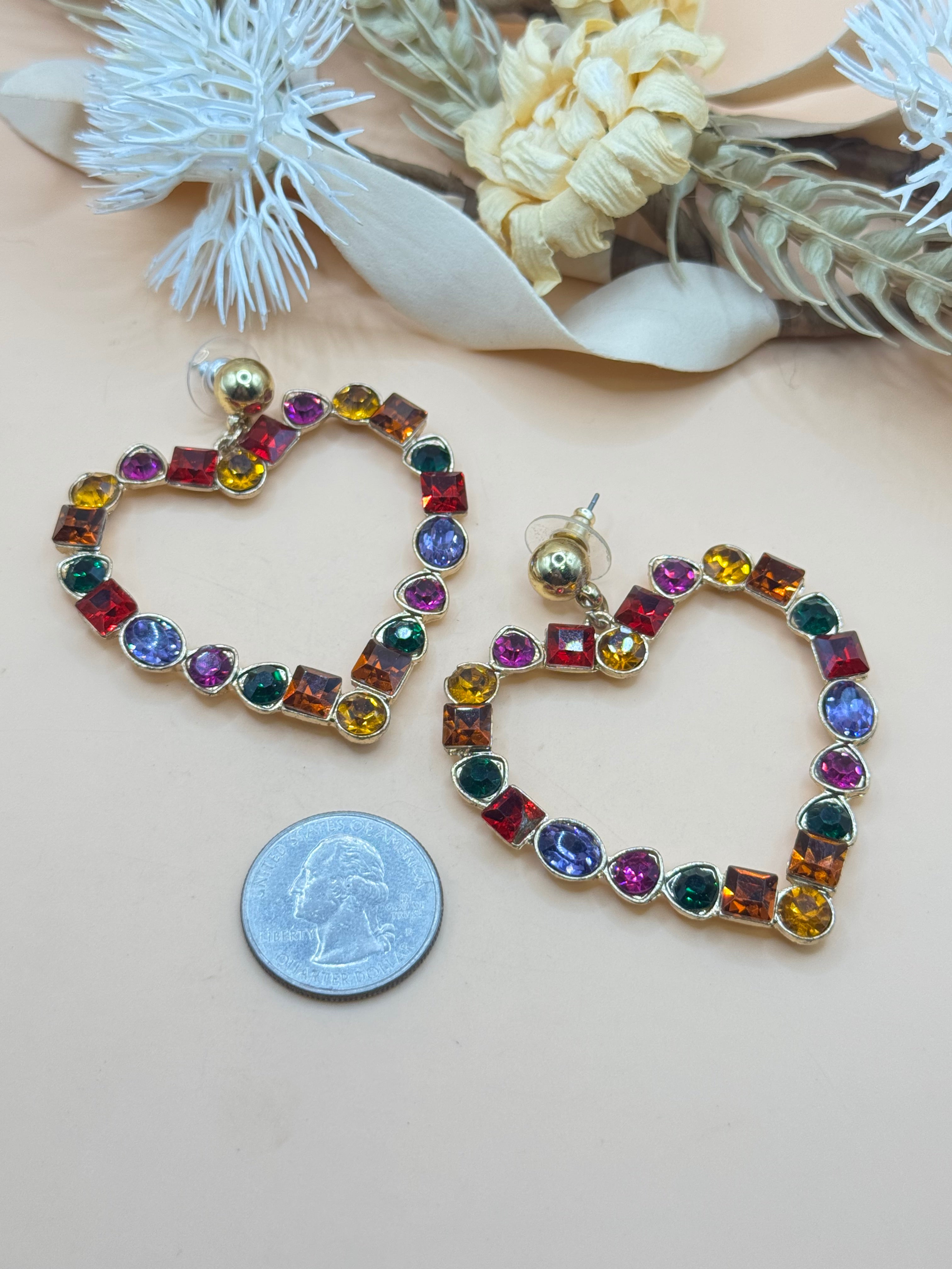 Gold Tone Multicolor Rhinestone Open Heart Statement Earrings Colorful Crystal Dangle
