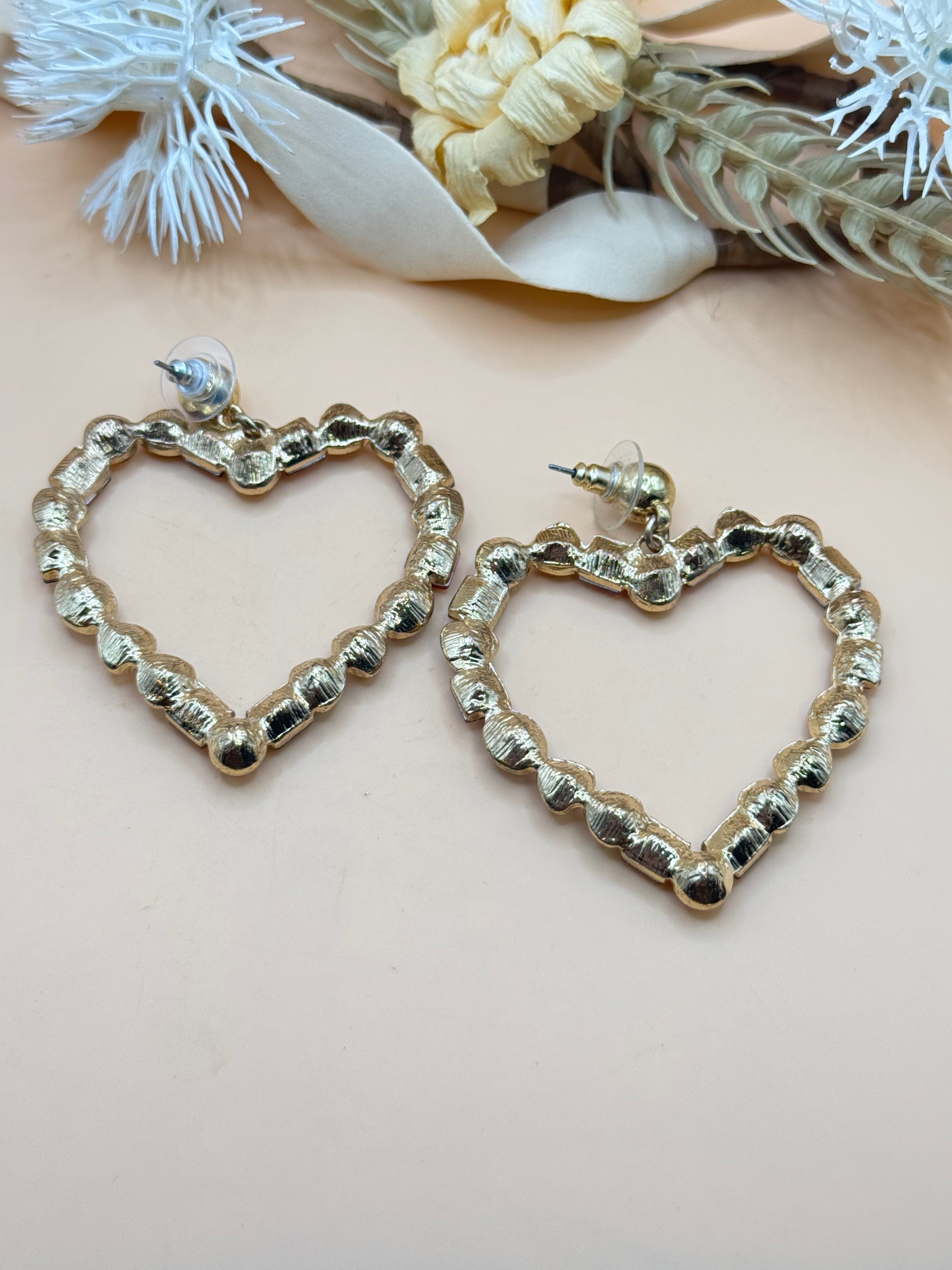 Gold Tone Multicolor Rhinestone Open Heart Statement Earrings Colorful Crystal Dangle