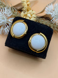 Vintage Gold Tone White Lucite Cabochon Round Statement Stud Earrings Retro