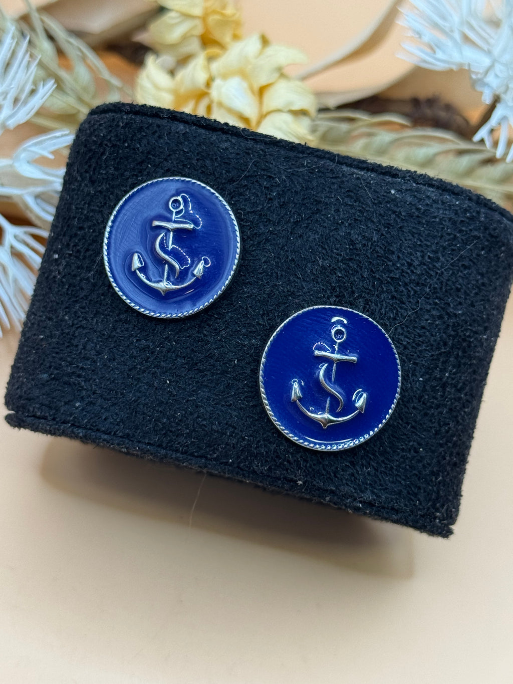 Silver Tone Blue Anchor Round Cabochon Nautical Stud Earrings