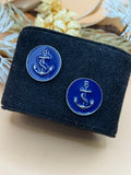 Silver Tone Blue Anchor Round Cabochon Nautical Stud Earrings