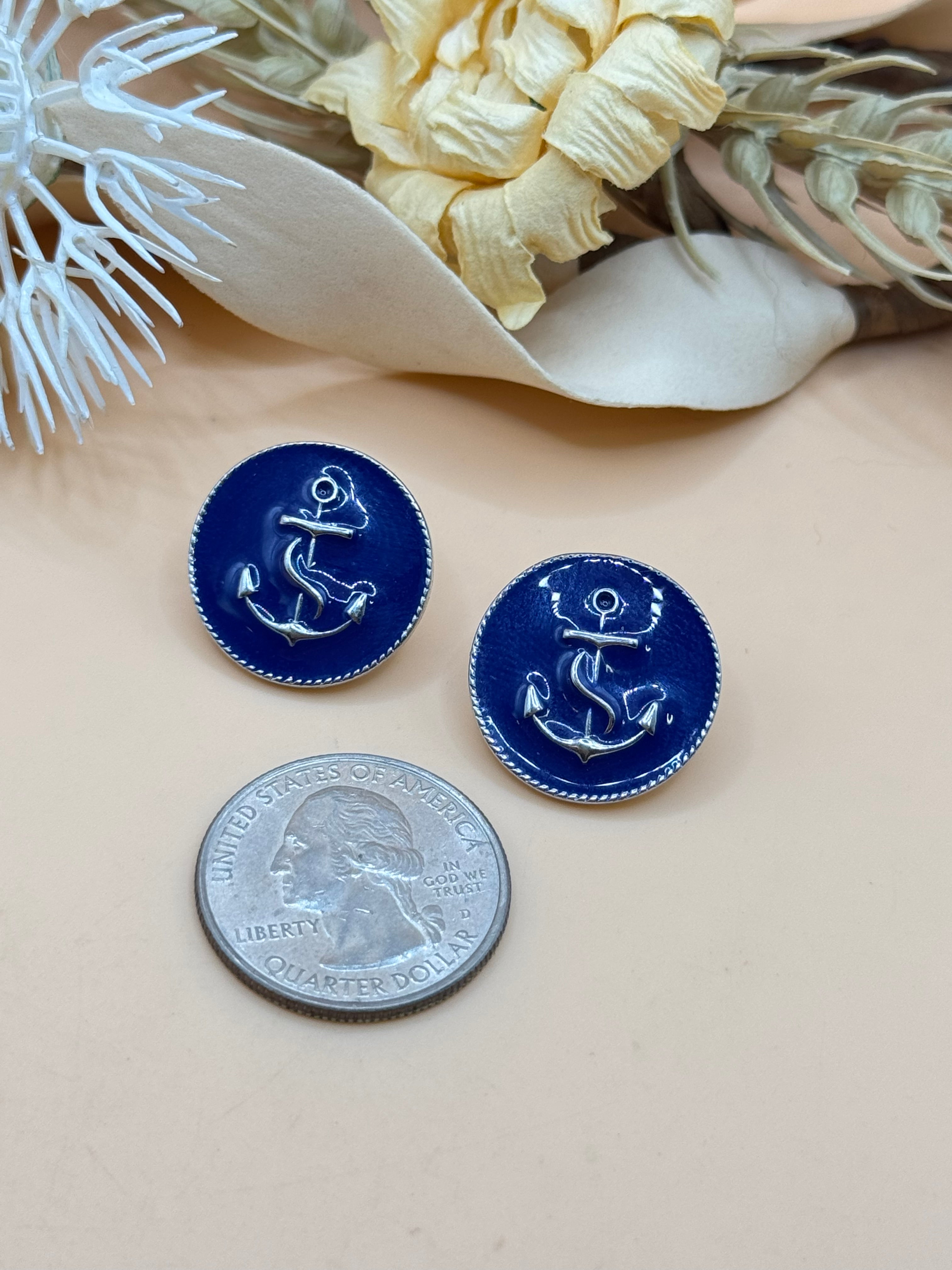 Silver Tone Blue Anchor Round Cabochon Nautical Stud Earrings
