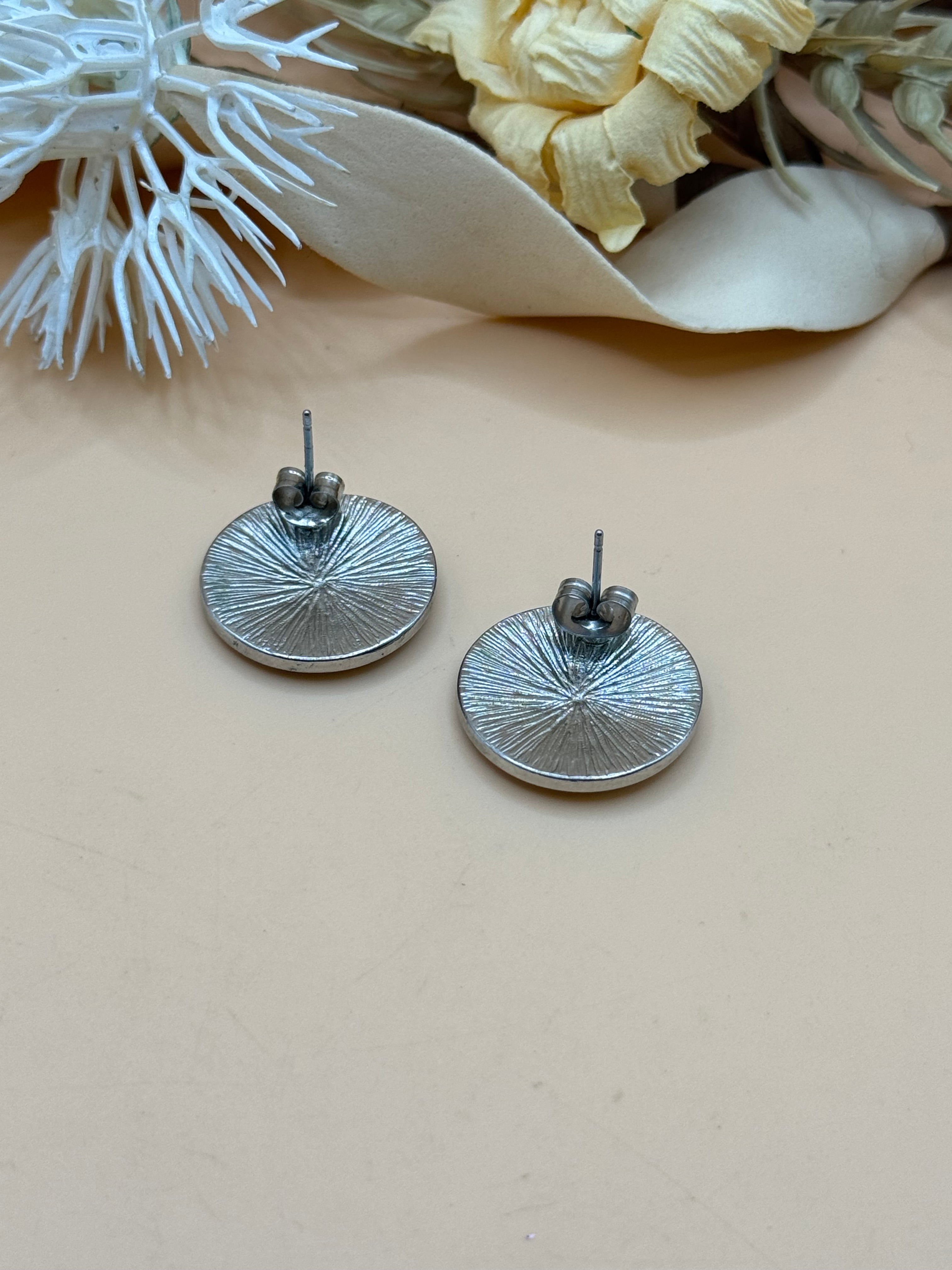 Silver Tone Blue Anchor Round Cabochon Nautical Stud Earrings