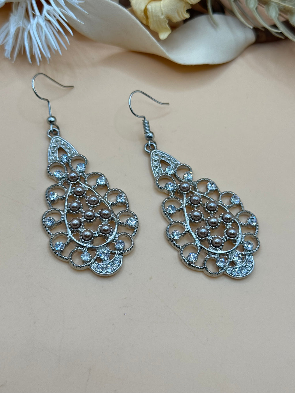 Silver Tone Filigree Dangle Earrings Clear Rhinestones & Faux Pearl Accents
