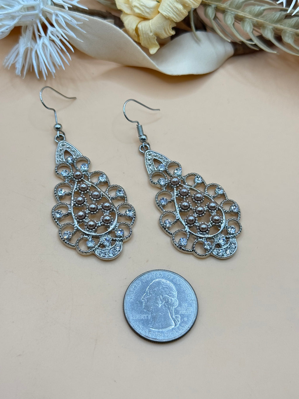 Silver Tone Filigree Dangle Earrings Clear Rhinestones & Faux Pearl Accents