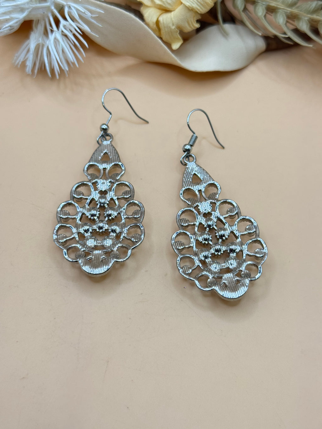 Silver Tone Filigree Dangle Earrings Clear Rhinestones & Faux Pearl Accents