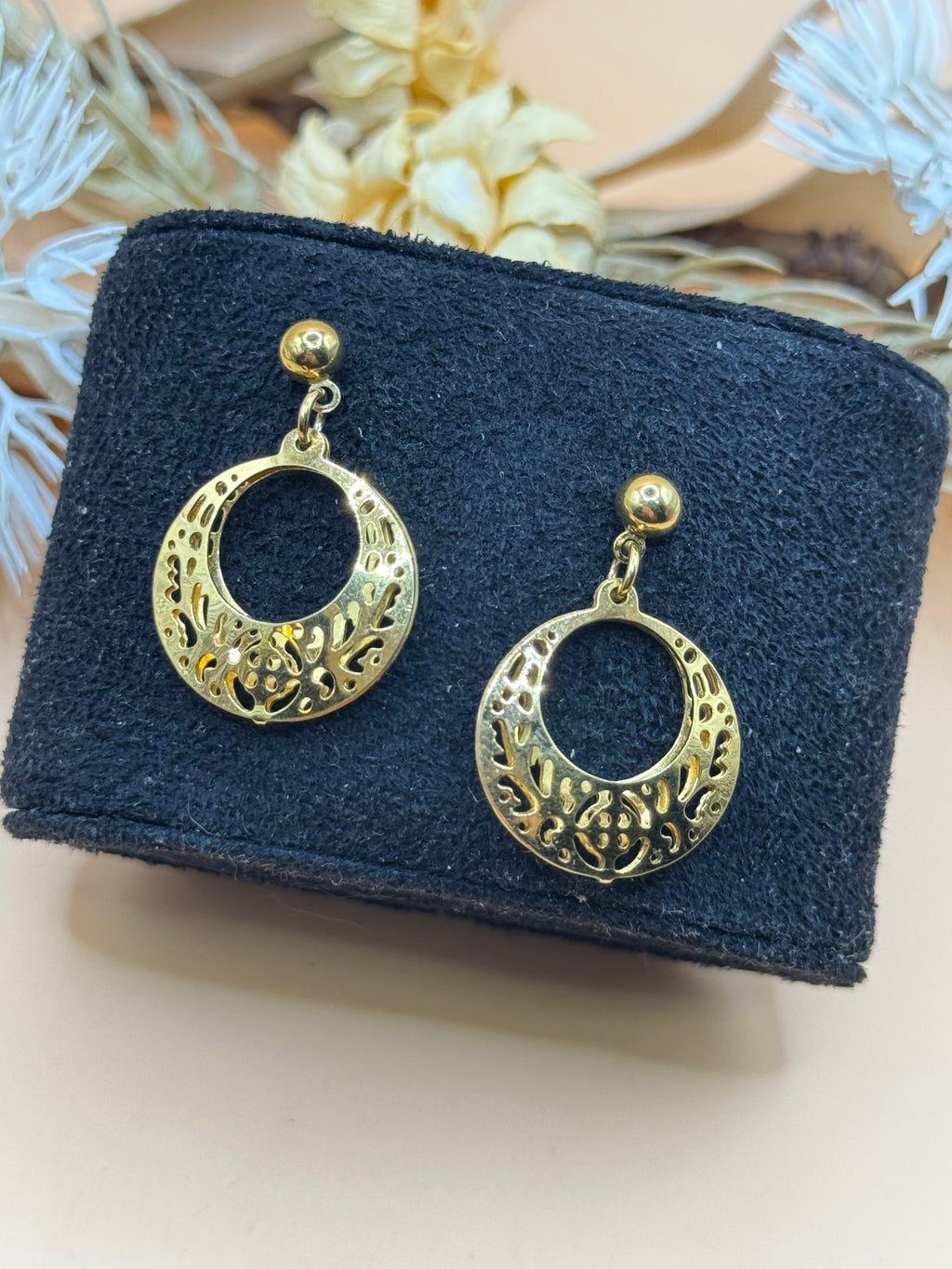 Gold Tone Filigree Circle Dangle Earrings Openwork Round Drop Earrings