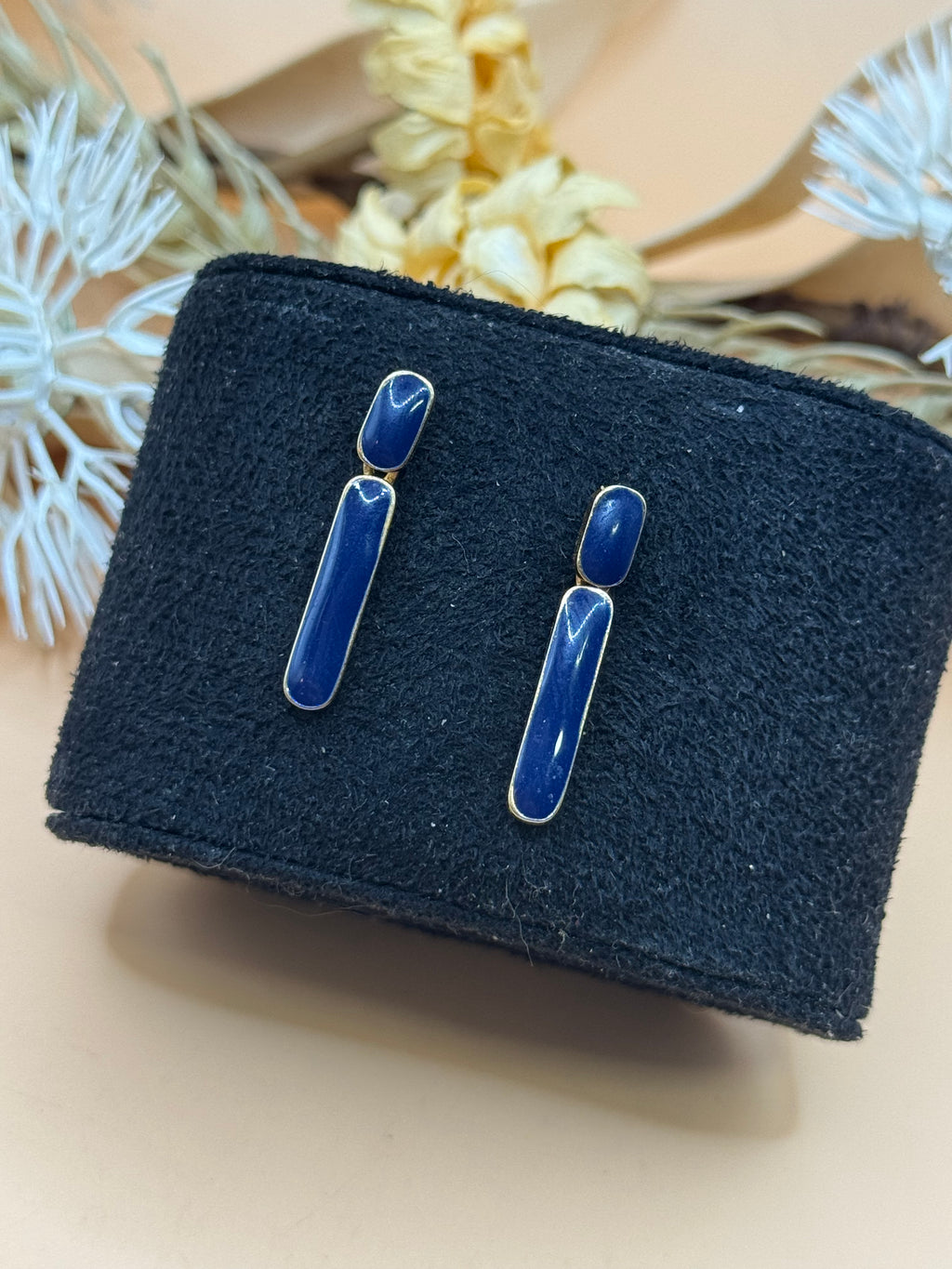 Gold Tone Navy Blue Enamel Bar Dangle Earrings Modern Minimalist Drop