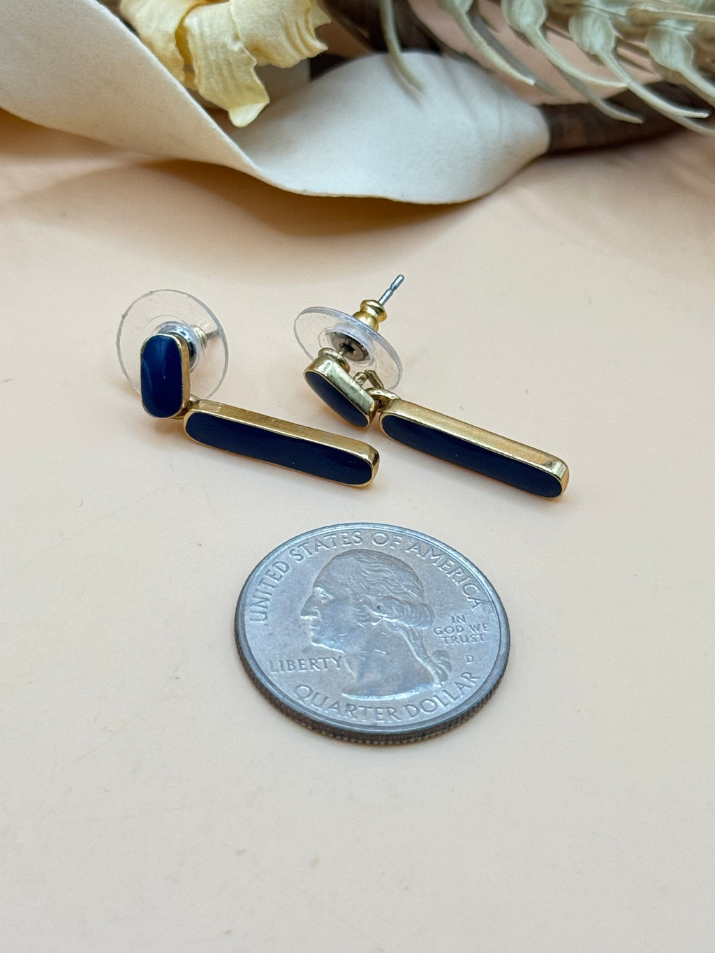 Gold Tone Navy Blue Enamel Bar Dangle Earrings Modern Minimalist Drop
