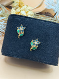 Avon Gold Tone Blue Rhinestone Flower Stud Earrings Green Enamel Leaves