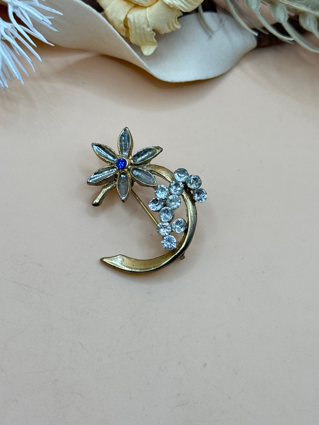 Gold Tone Floral Spray Brooch Blue Accent Clear Rhinestones Pin