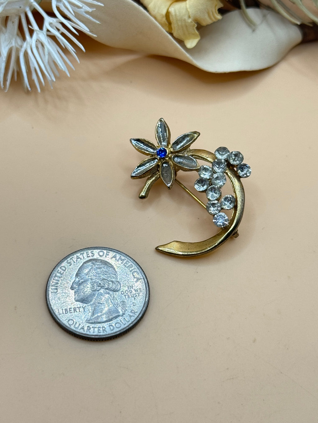 Gold Tone Floral Spray Brooch Blue Accent Clear Rhinestones Pin