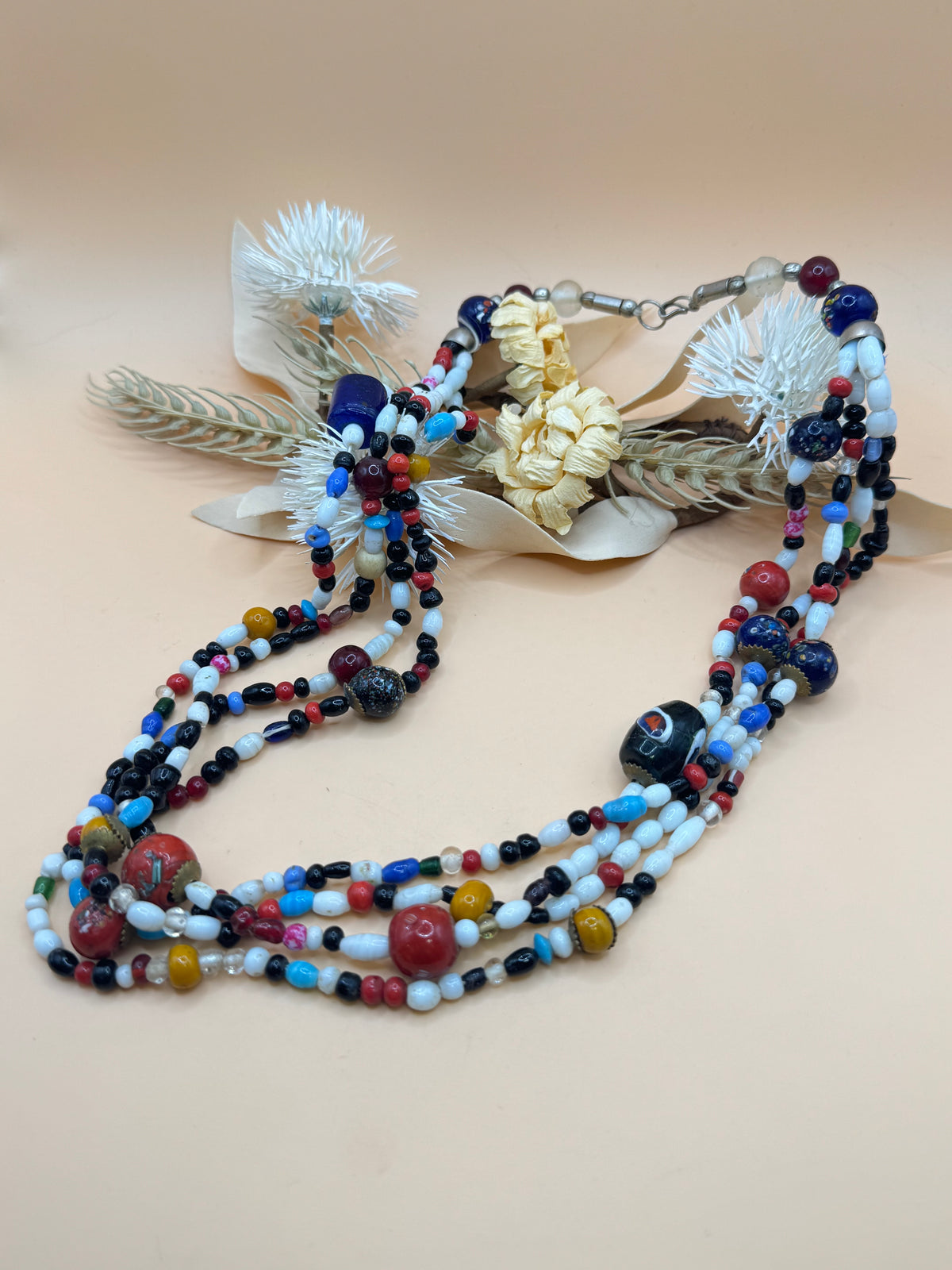 Vintage 20” Multicolor Glass Bead Statement Necklace Colorful Multi Strand