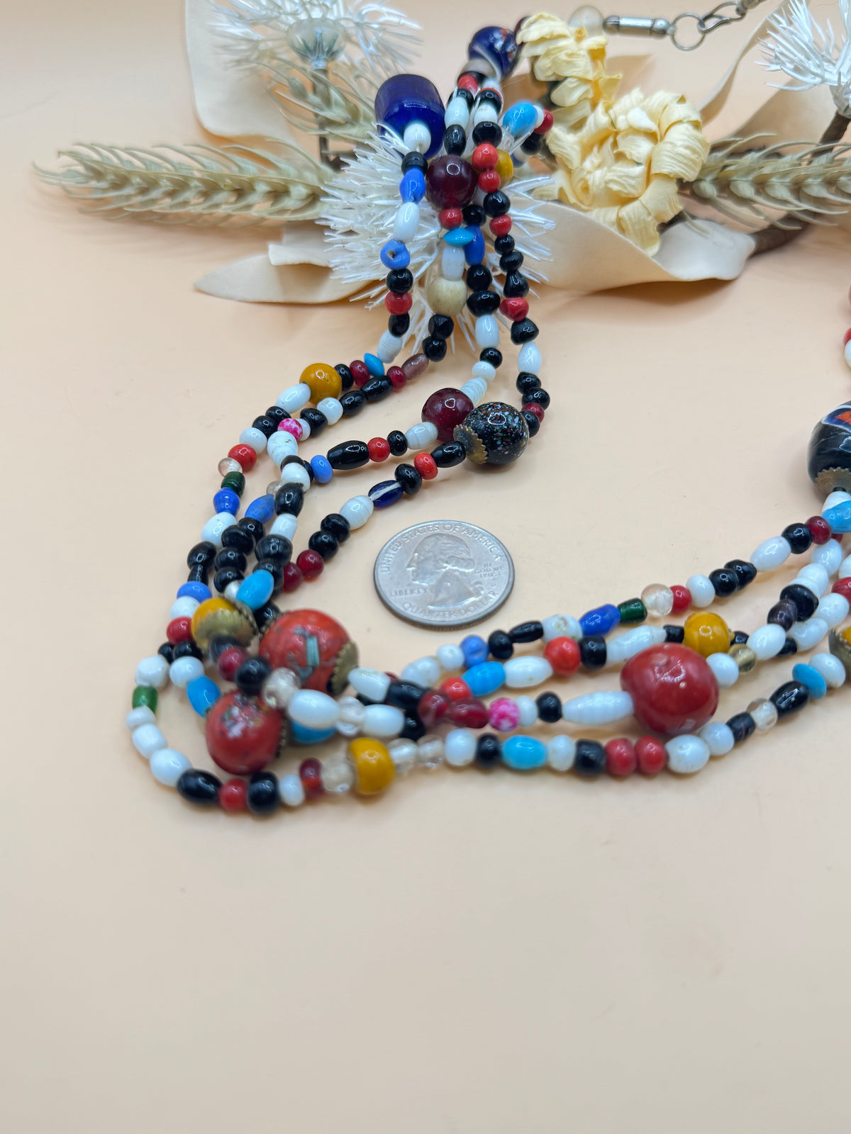 Vintage 20” Multicolor Glass Bead Statement Necklace Colorful Multi Strand