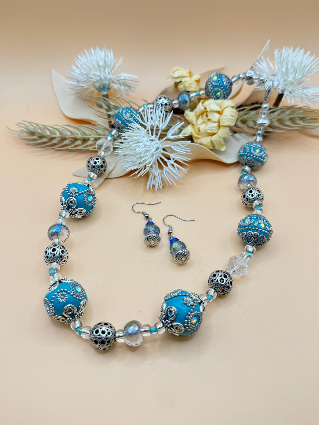 18” Blue Beaded Necklace & Matching Earrings Set Crystal Silver Tone Statement