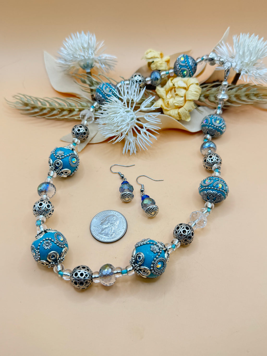 18” Blue Beaded Necklace & Matching Earrings Set Crystal Silver Tone Statement